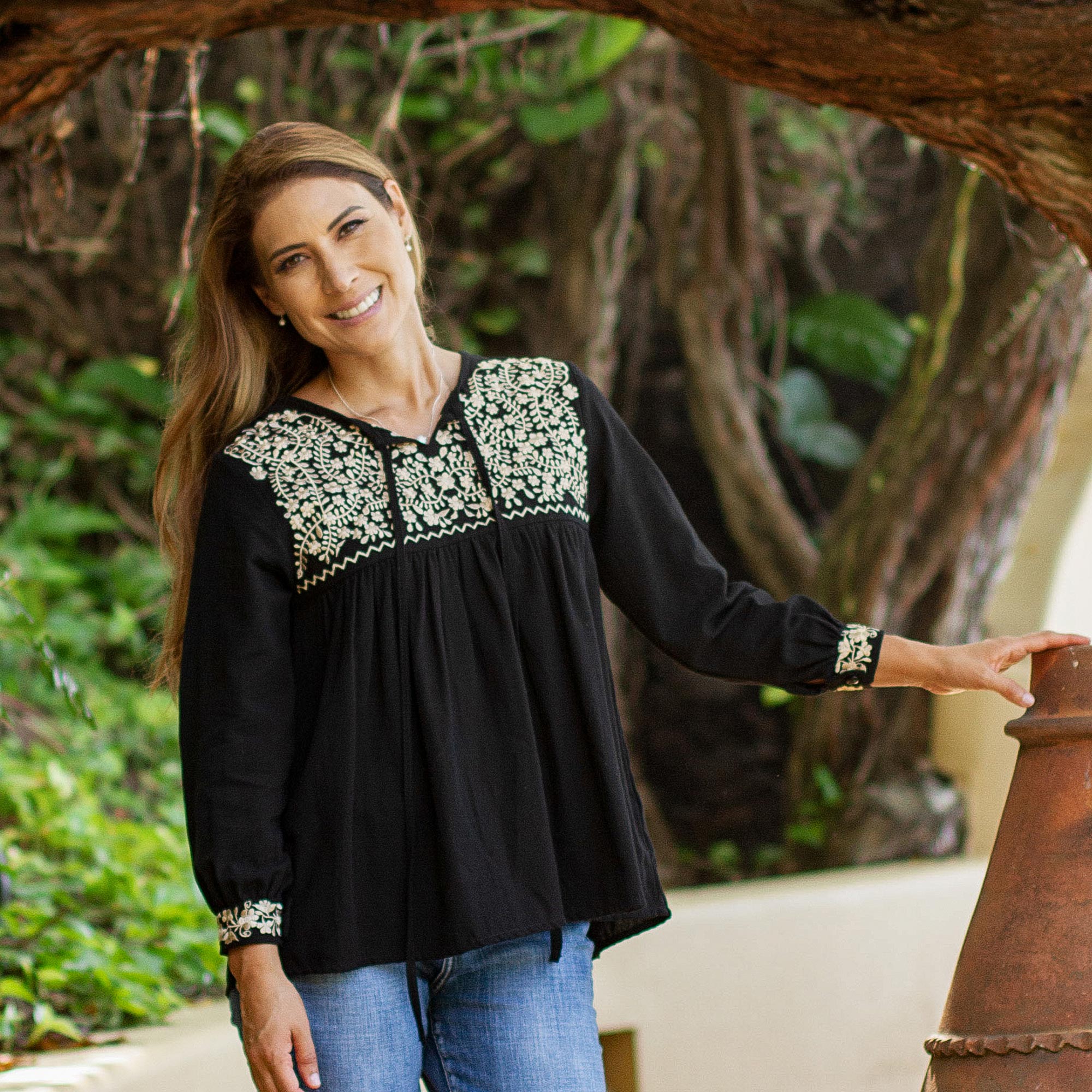 Golden Black Oaxaca Blossoms Hand Embroidered Yellow on Black Cotton Oaxaca Style Blouse