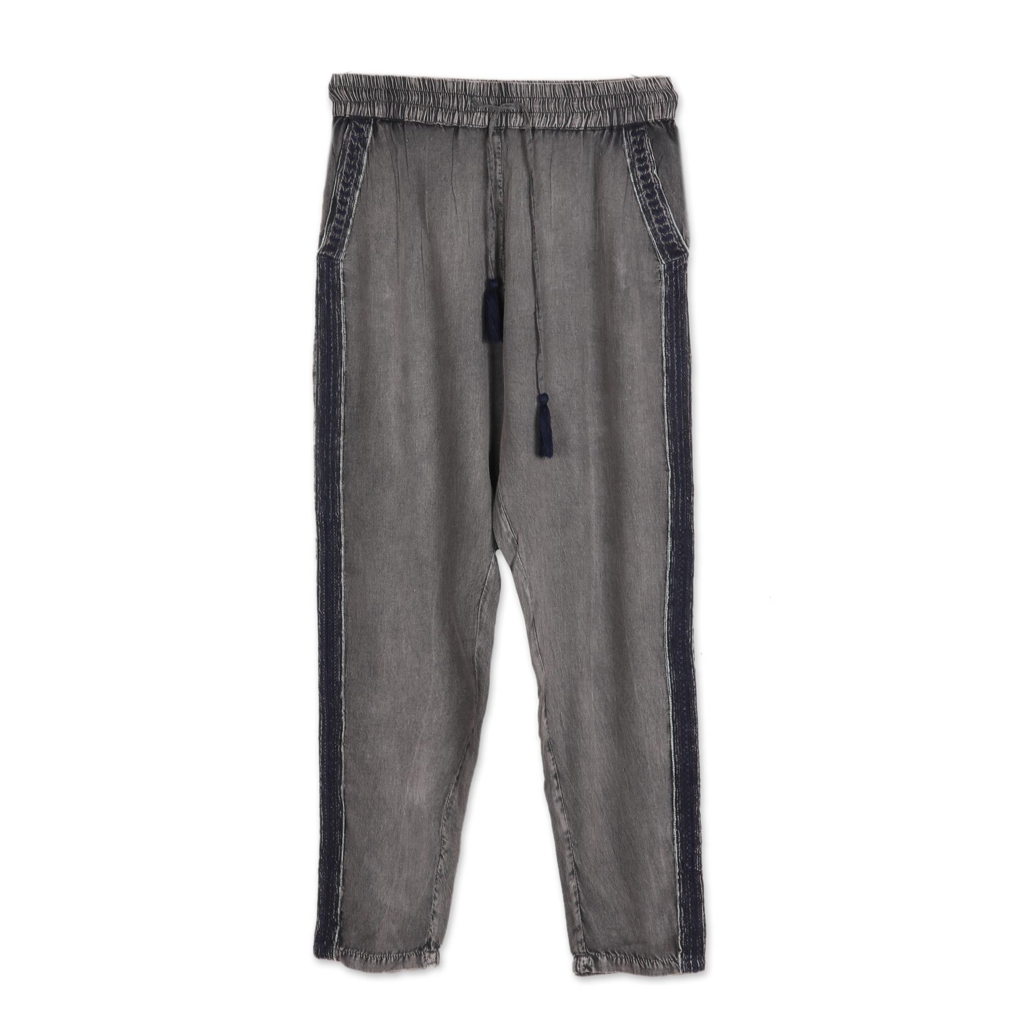 Navy Sophistication Dusty Grey Viscose Pants with Navy Stripes from India