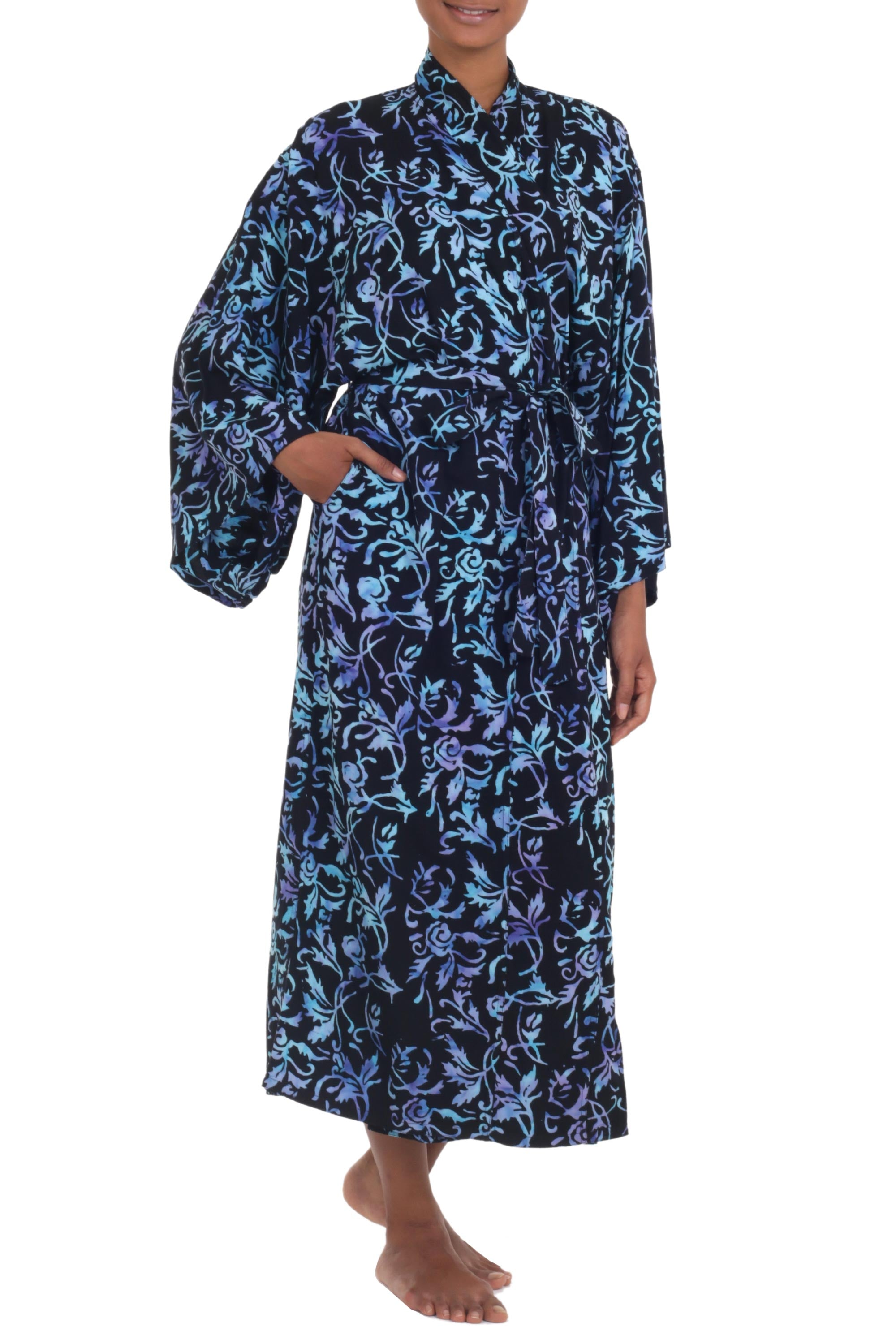 Twilight Roses Rayon Black Long Robe with Blue Purple Batik Floral Print