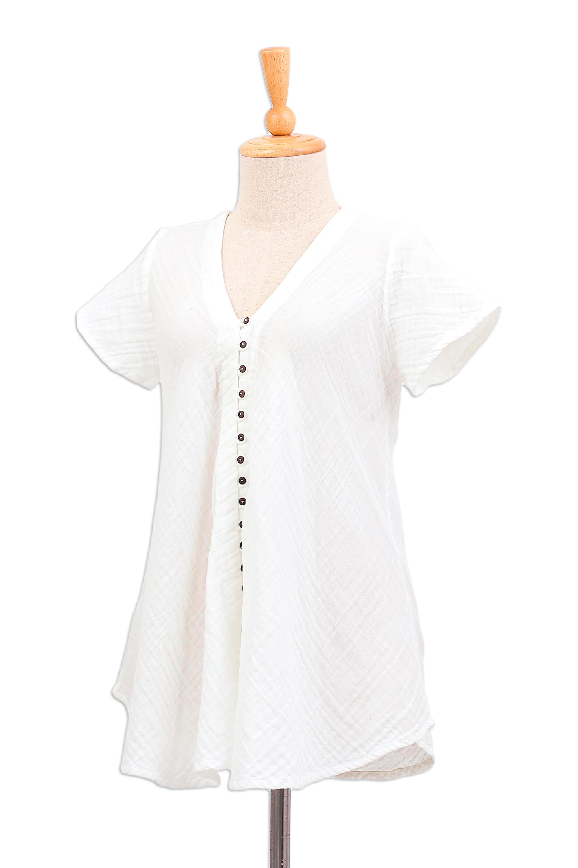 White Flair Buttoned Cotton Gauze Blouse with Short Sleeves