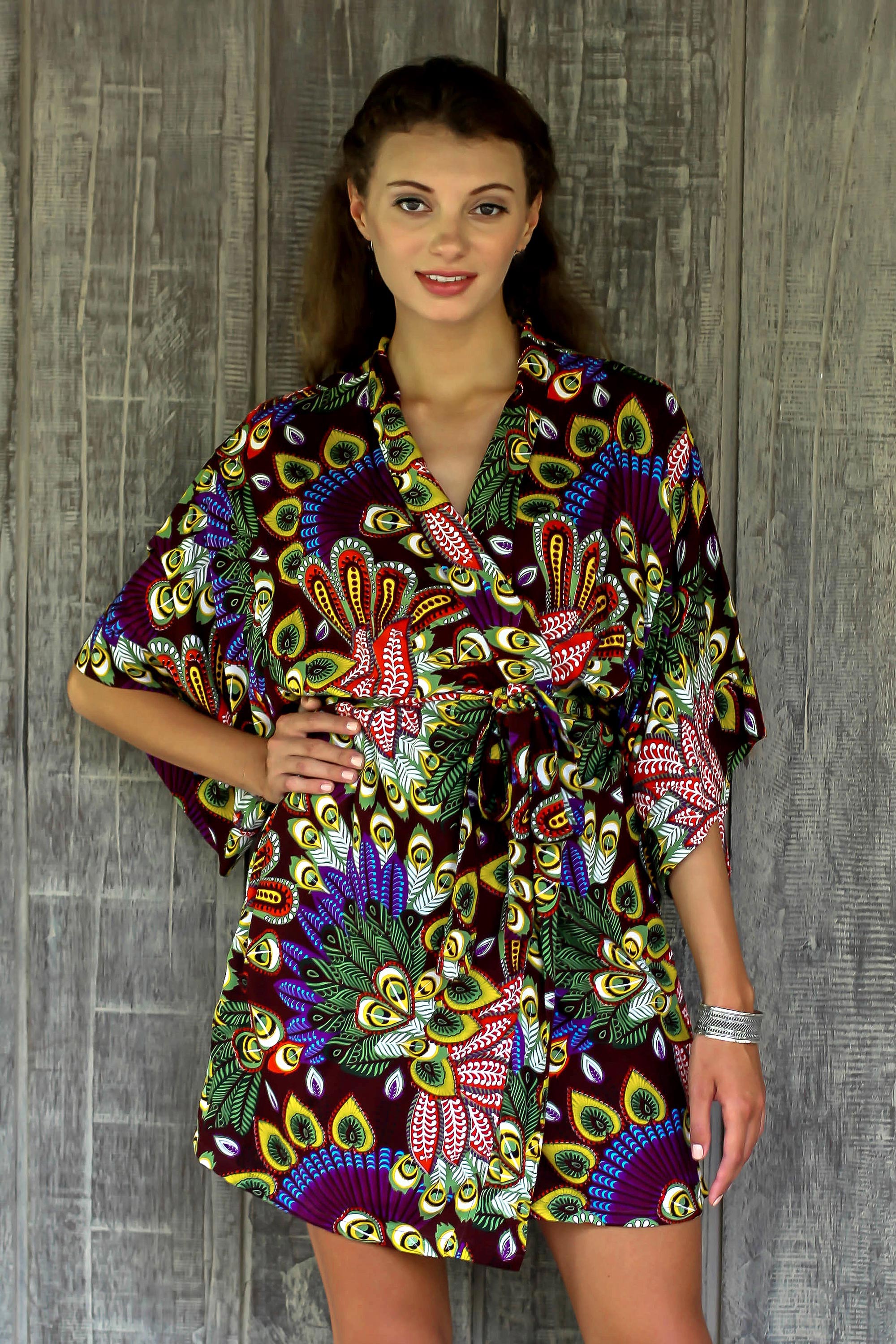 Jungle Groove Multicolored Floral Rayon Robe in Rosewood from Indonesia