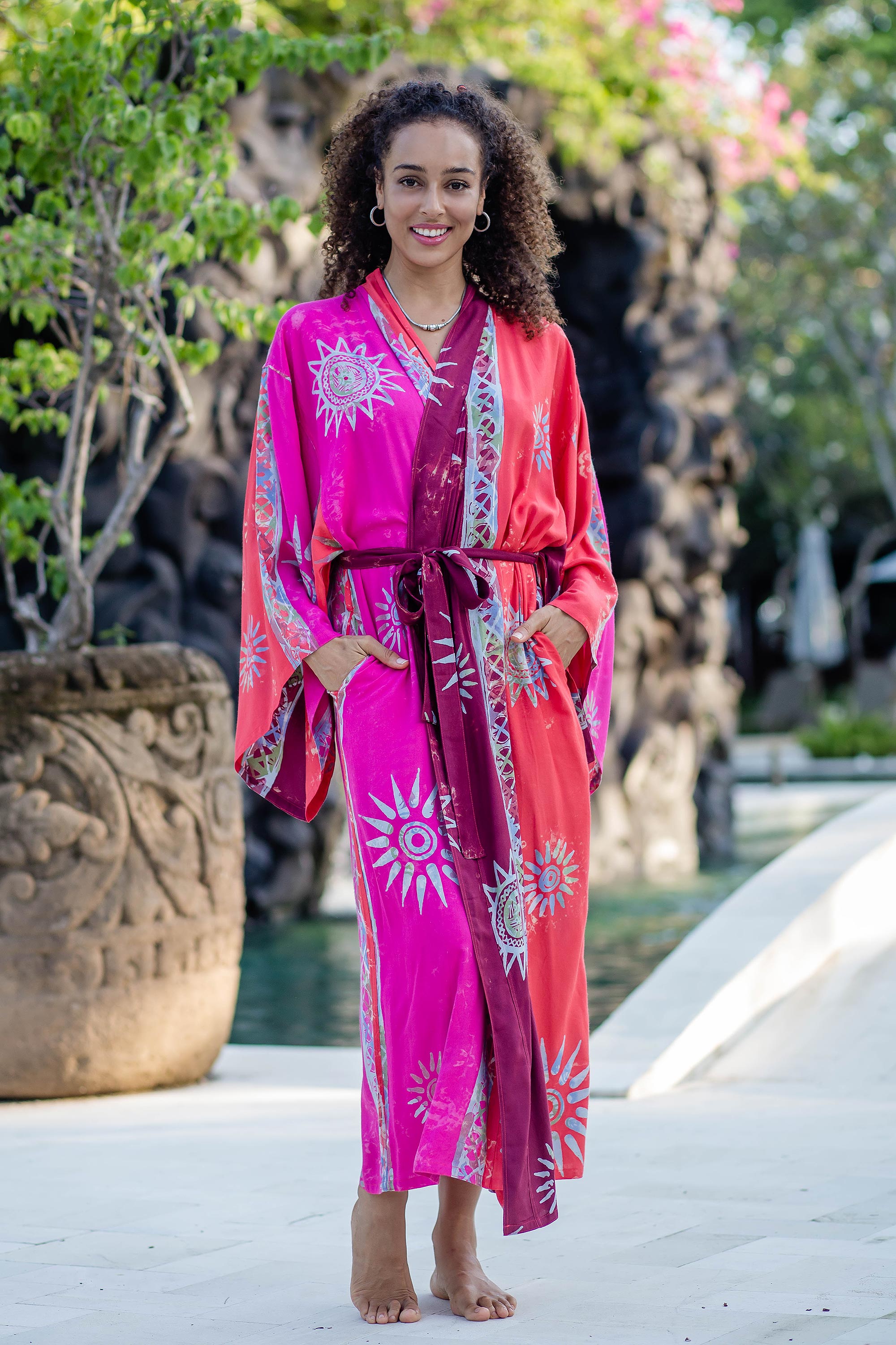 Bright Firework Hot Pink Batik Rayon Robe from Bali