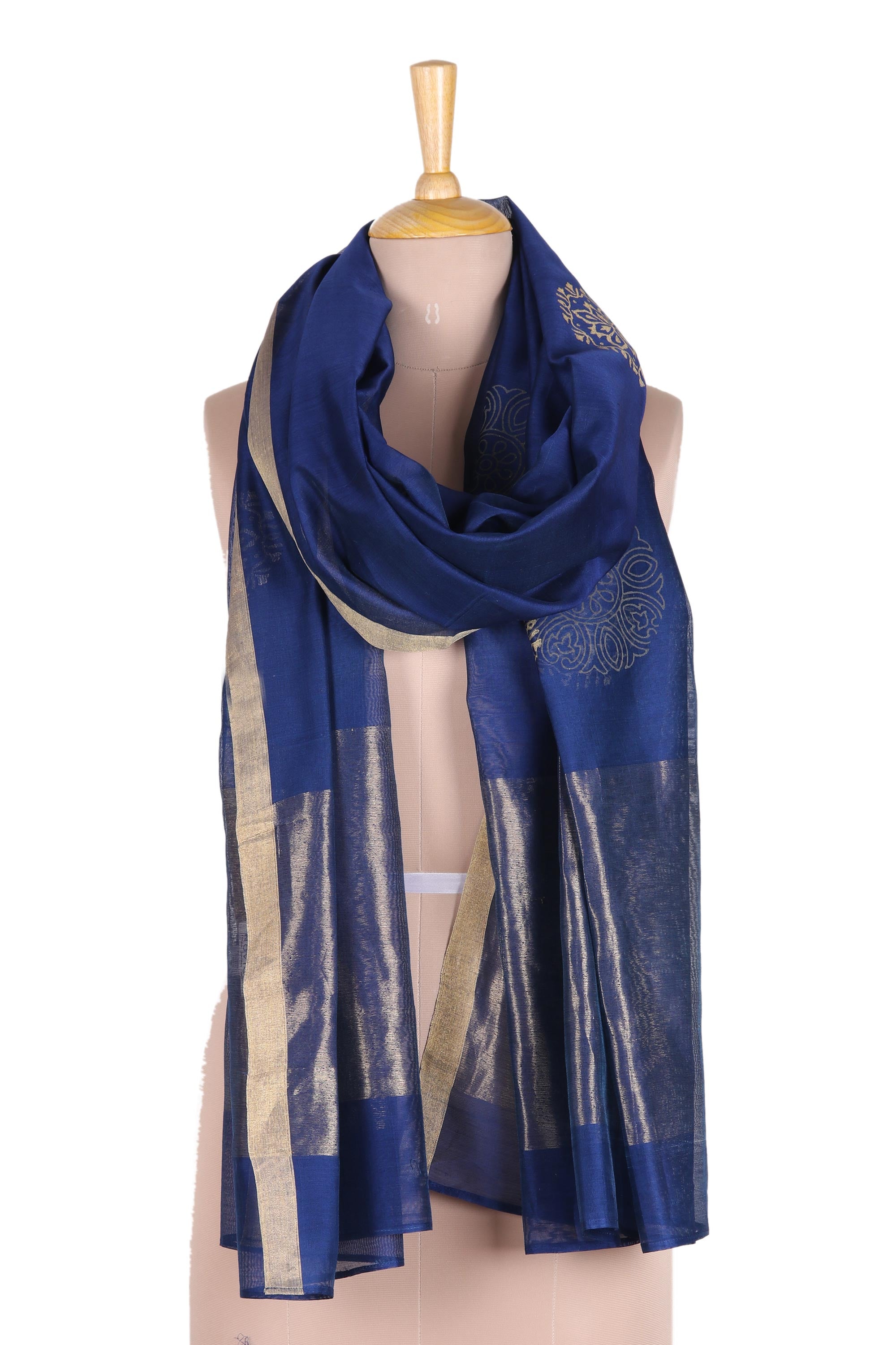 Zari Elegance Zari-Embroidered Cotton and Silk Blend Shawl in Lapis