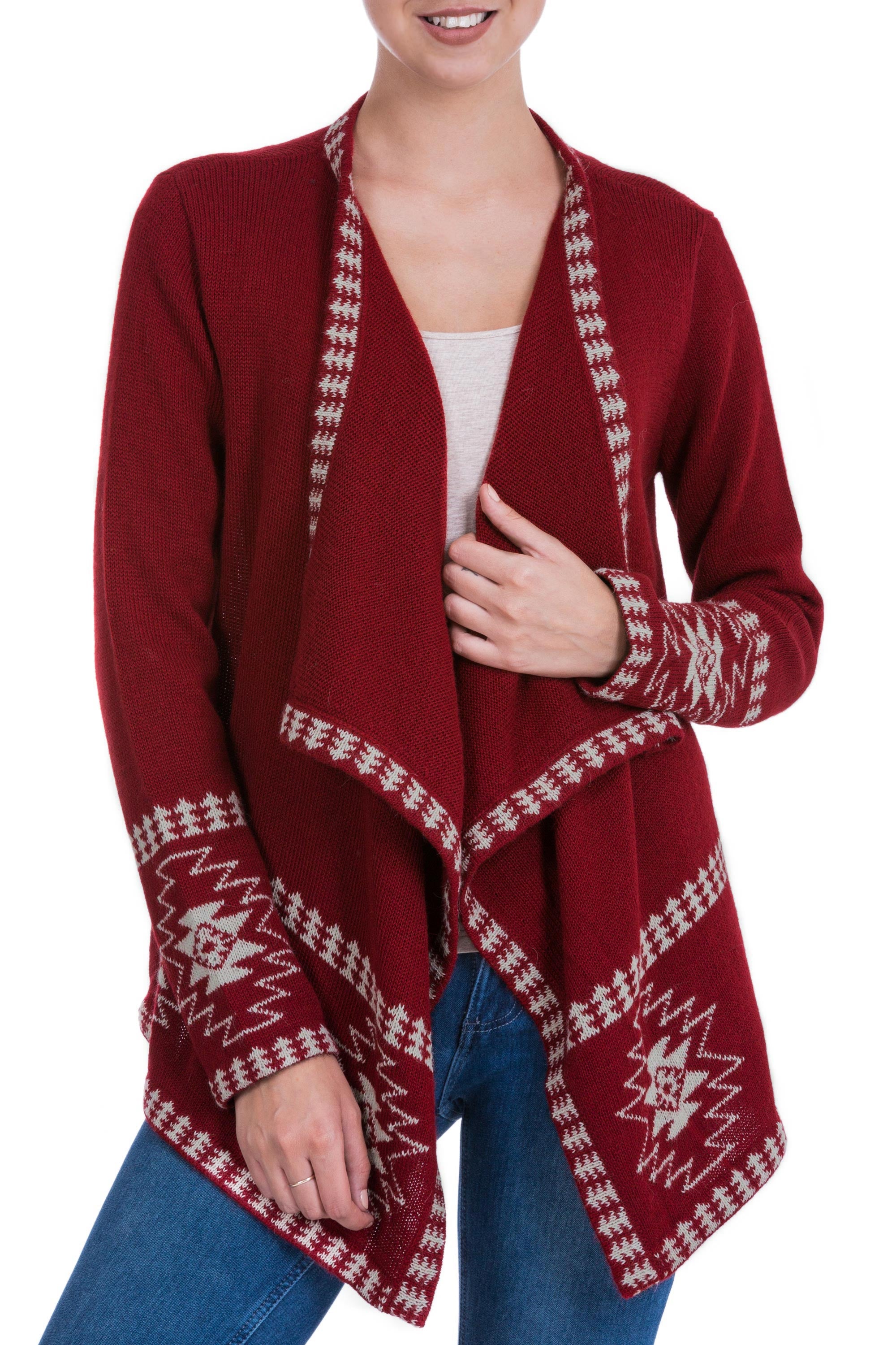 Glyph Stars Red Alpaca Wool Cardigan with White Glyph Stars from Peru