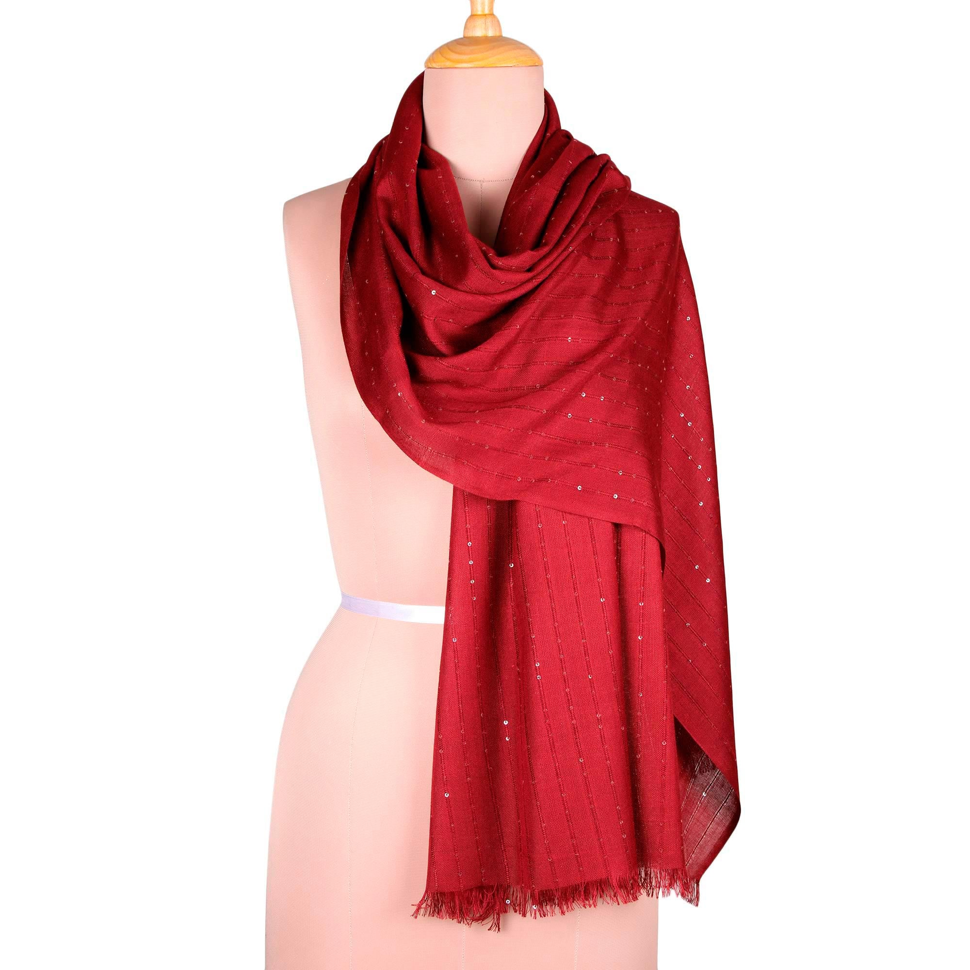 Garnet Glimmer Embellished Viscose Shawl in Cranberry from India