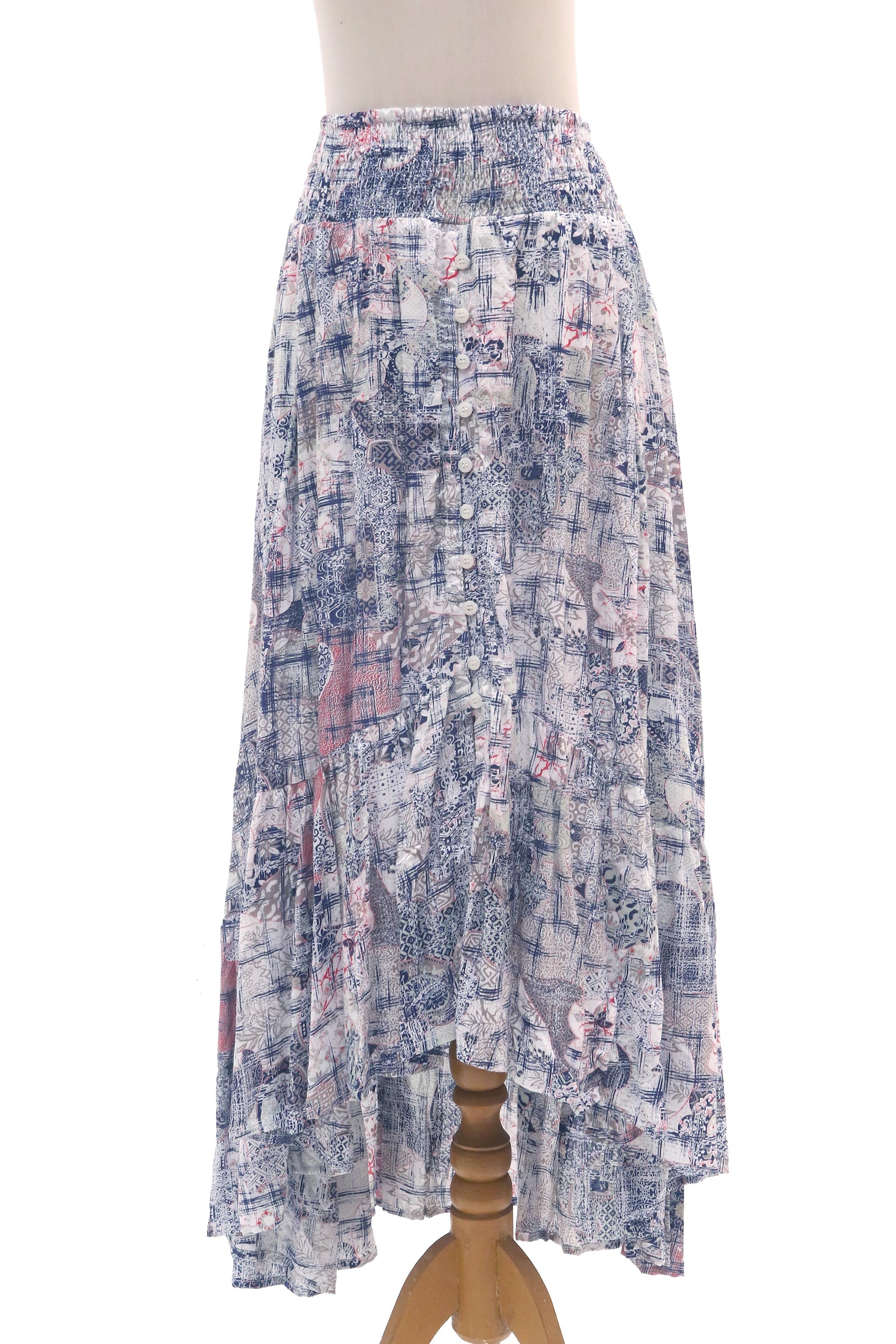 Wijaya Kusuma Elastic Waist High-Low Rayon Print Skirt