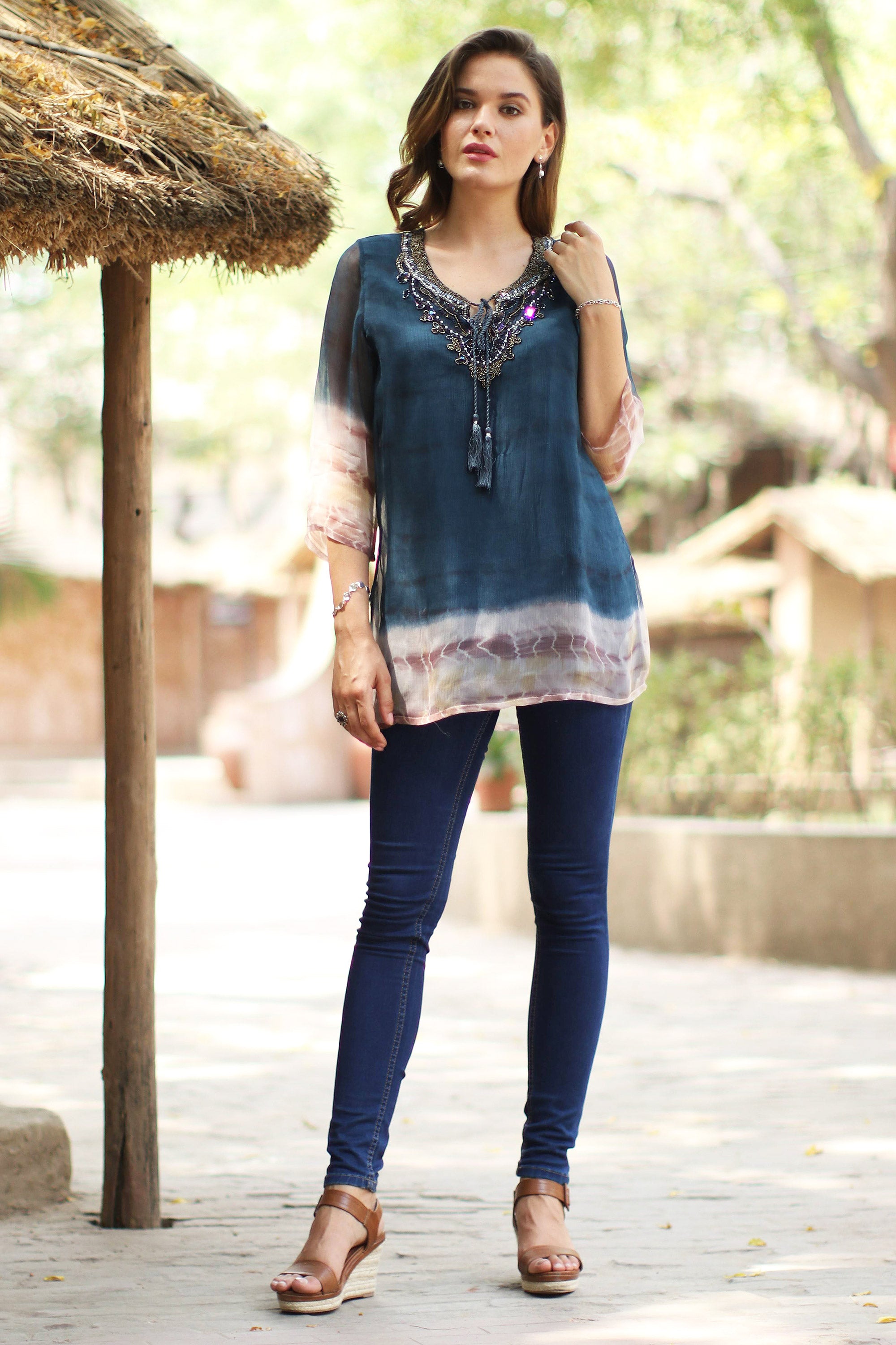 Delhi Azure Tie-Dyed Viscose Tunic in Azure from India