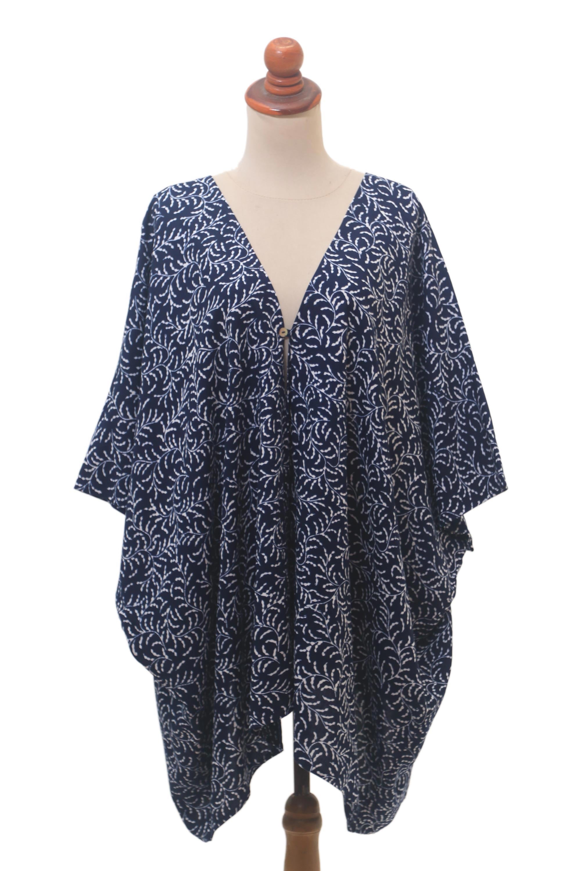 Many Leaves Batik Rayon Kimono Jacket in Midnight and White from Bali