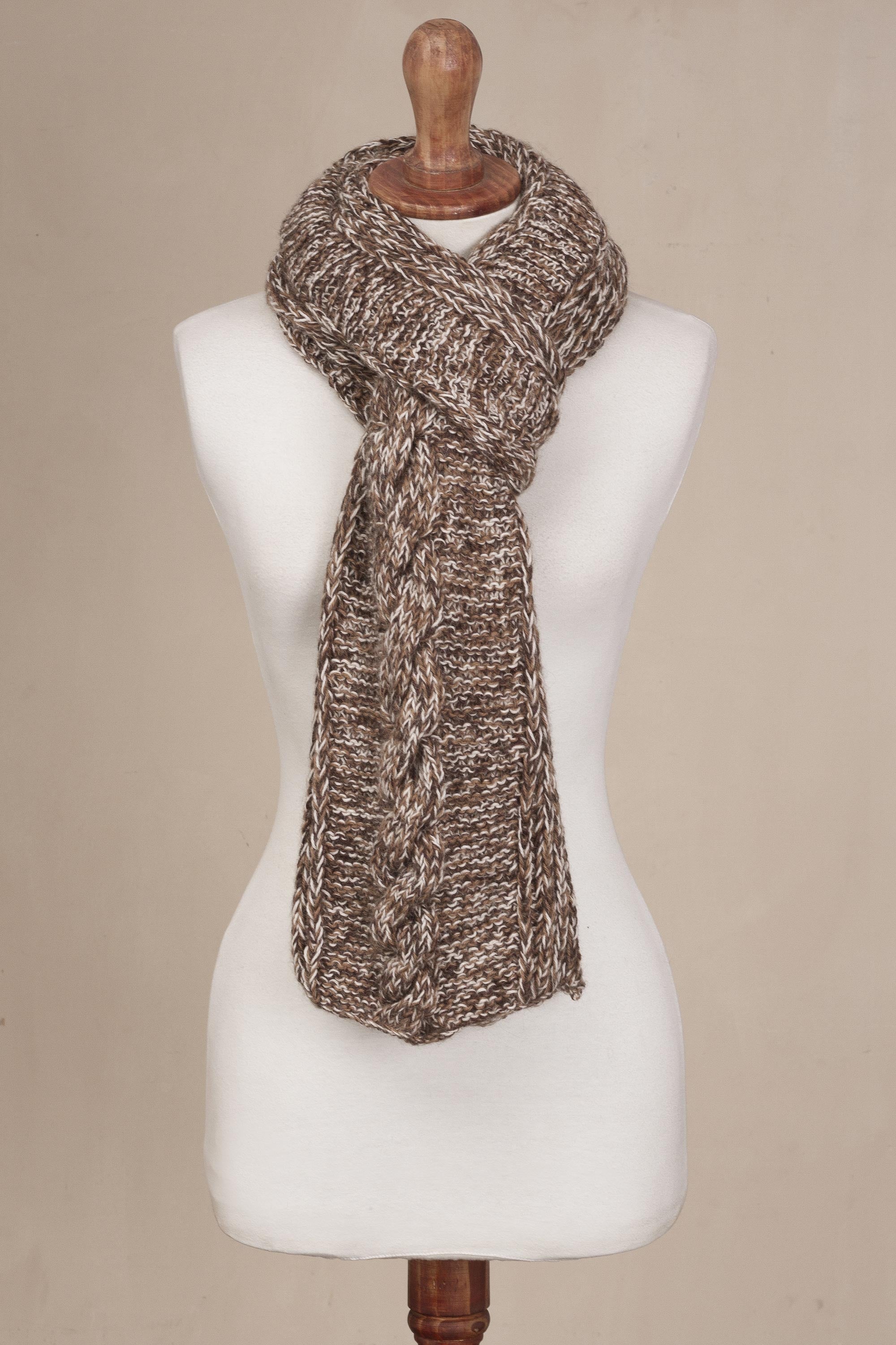 Chocolate River Brown and White 100% Alpaca Hand Knit Cable Stitch Scarf