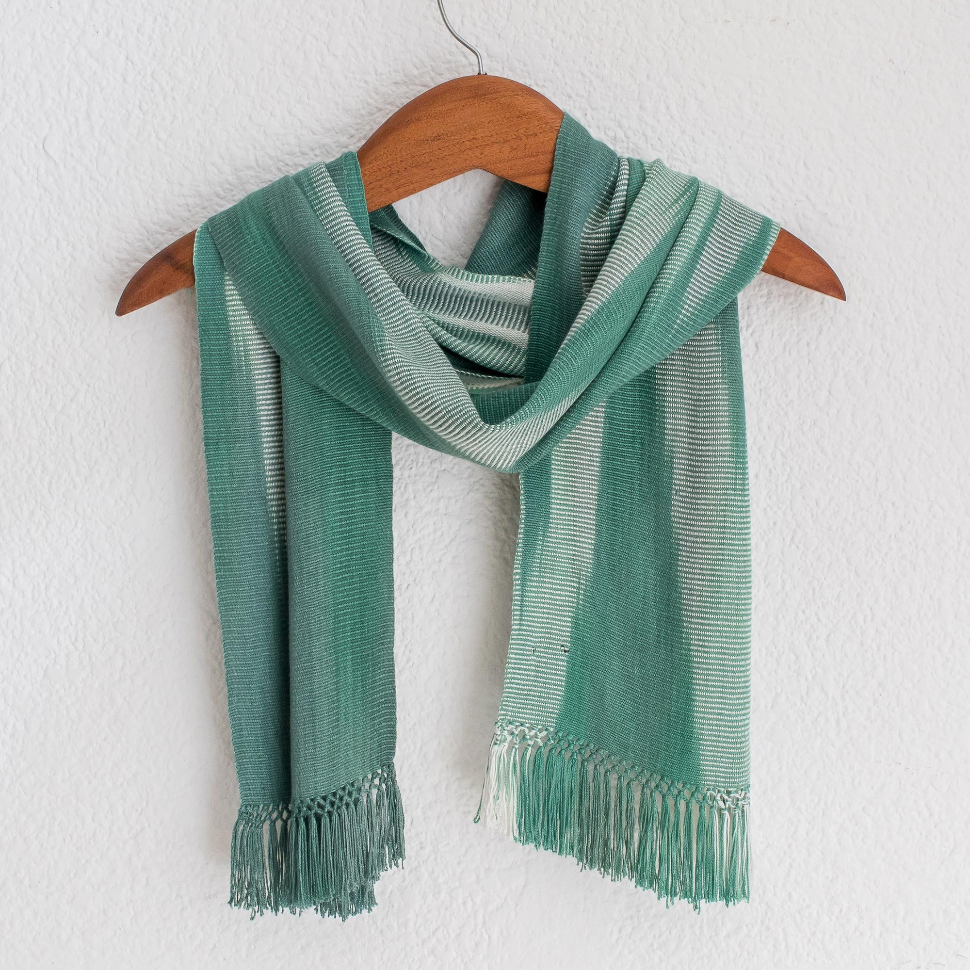 Iridescent Eucalyptus Rayon Chenille Hand Woven Green White Guatemalan Scarf