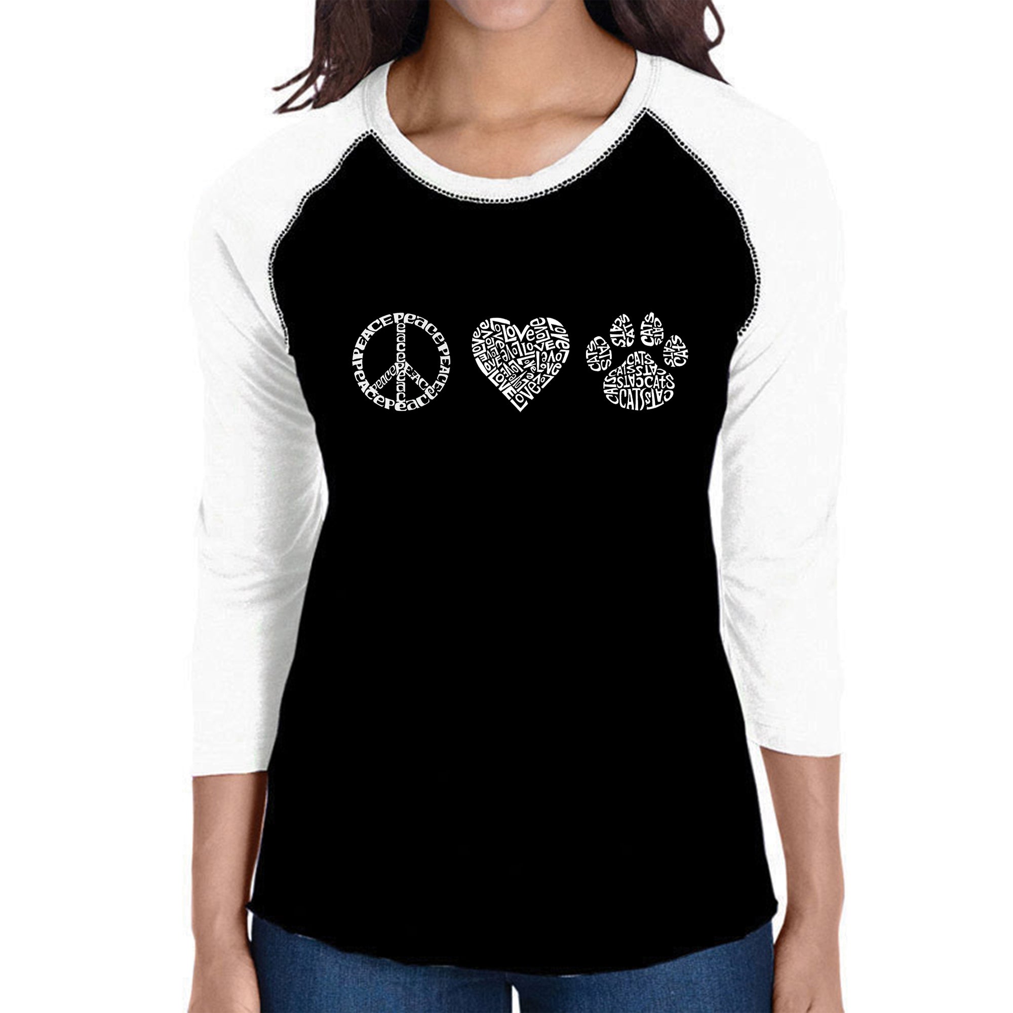 Peace Love Cats  - Women's Raglan Word Art T-Shirt