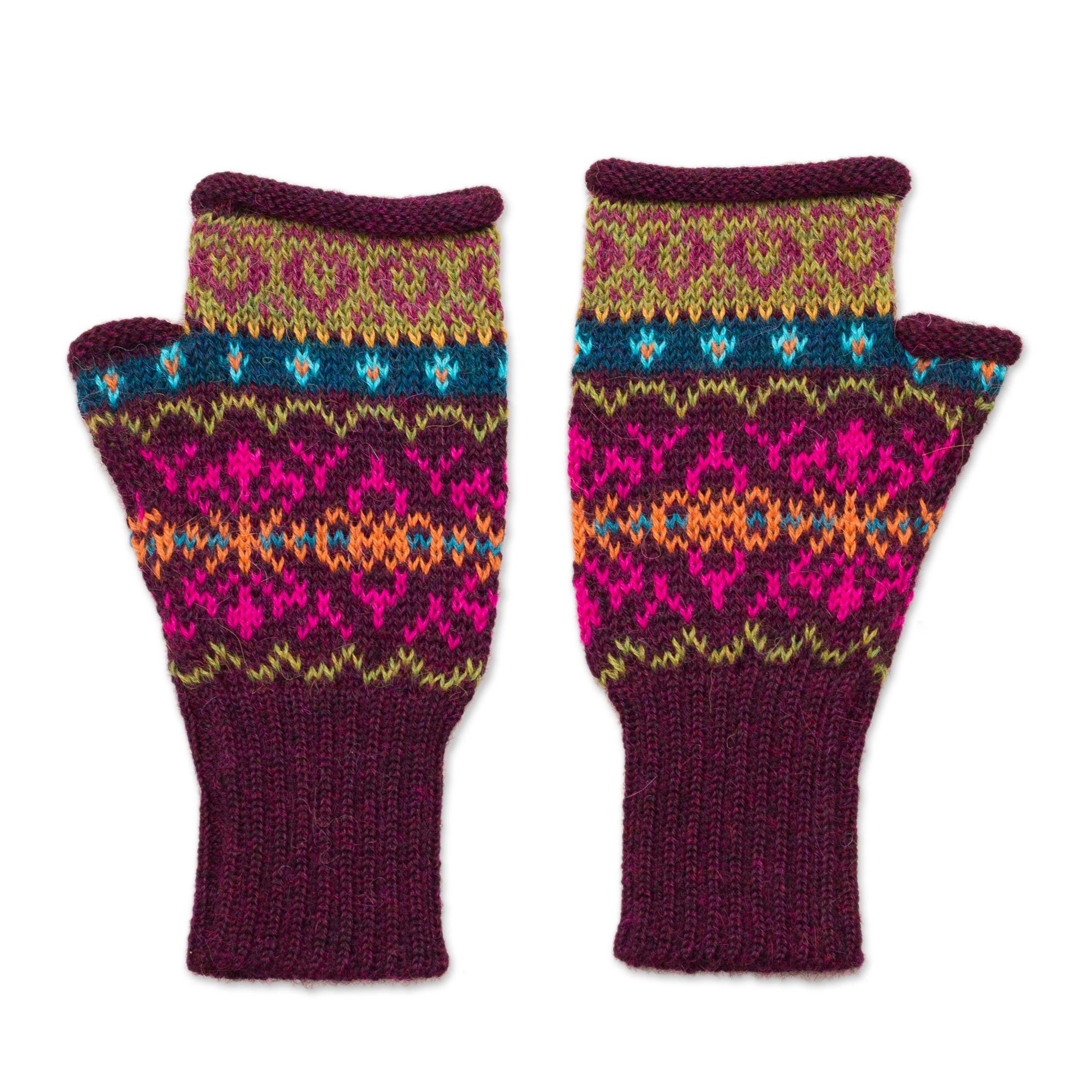 Colorful Carousel Multi-Color Multi-Motif 100% Alpaca Knit Fingerless Mitts