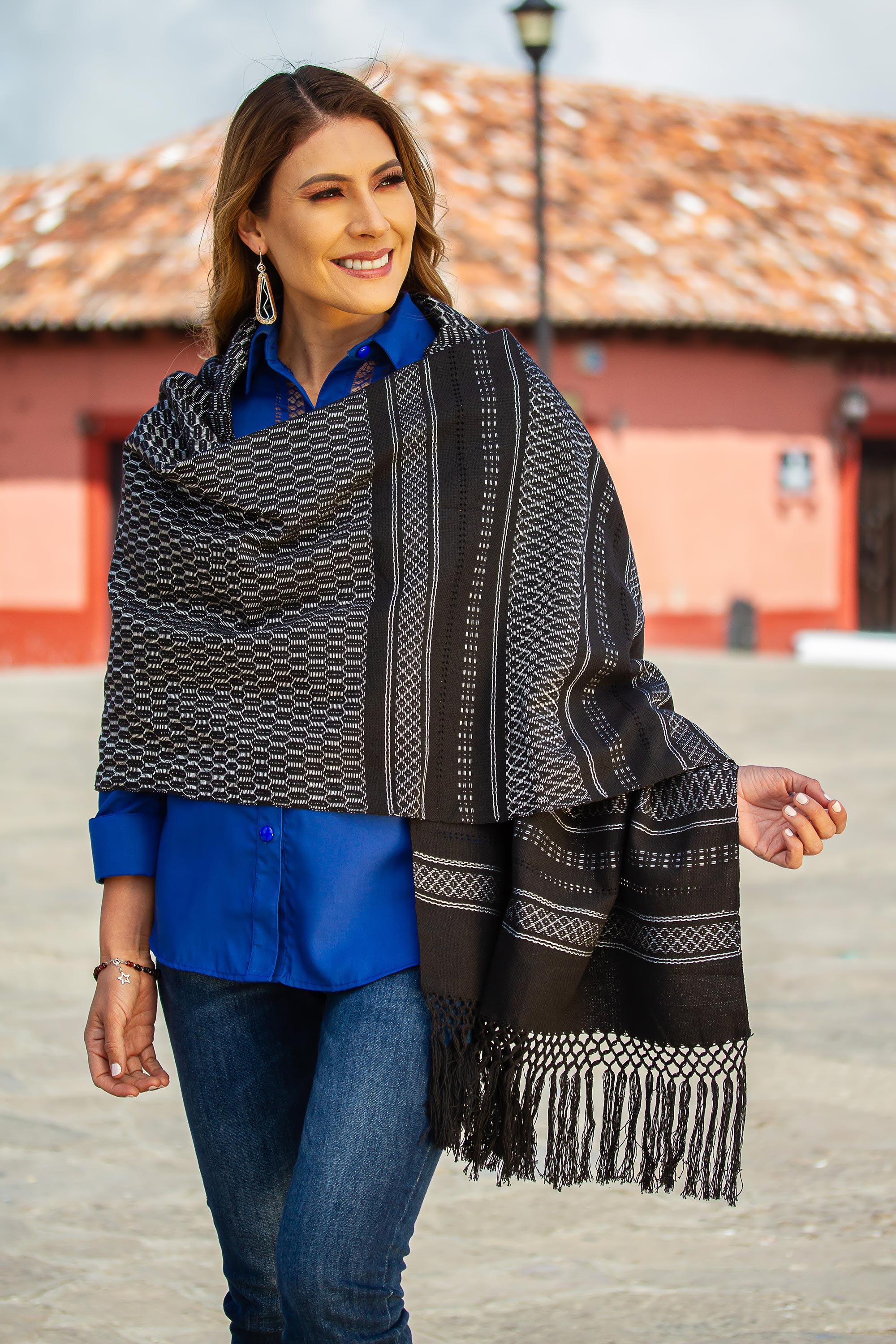 Fiesta in Black and Silver Silvery Grey on Black Handwoven Zapotec Rebozo Shawl