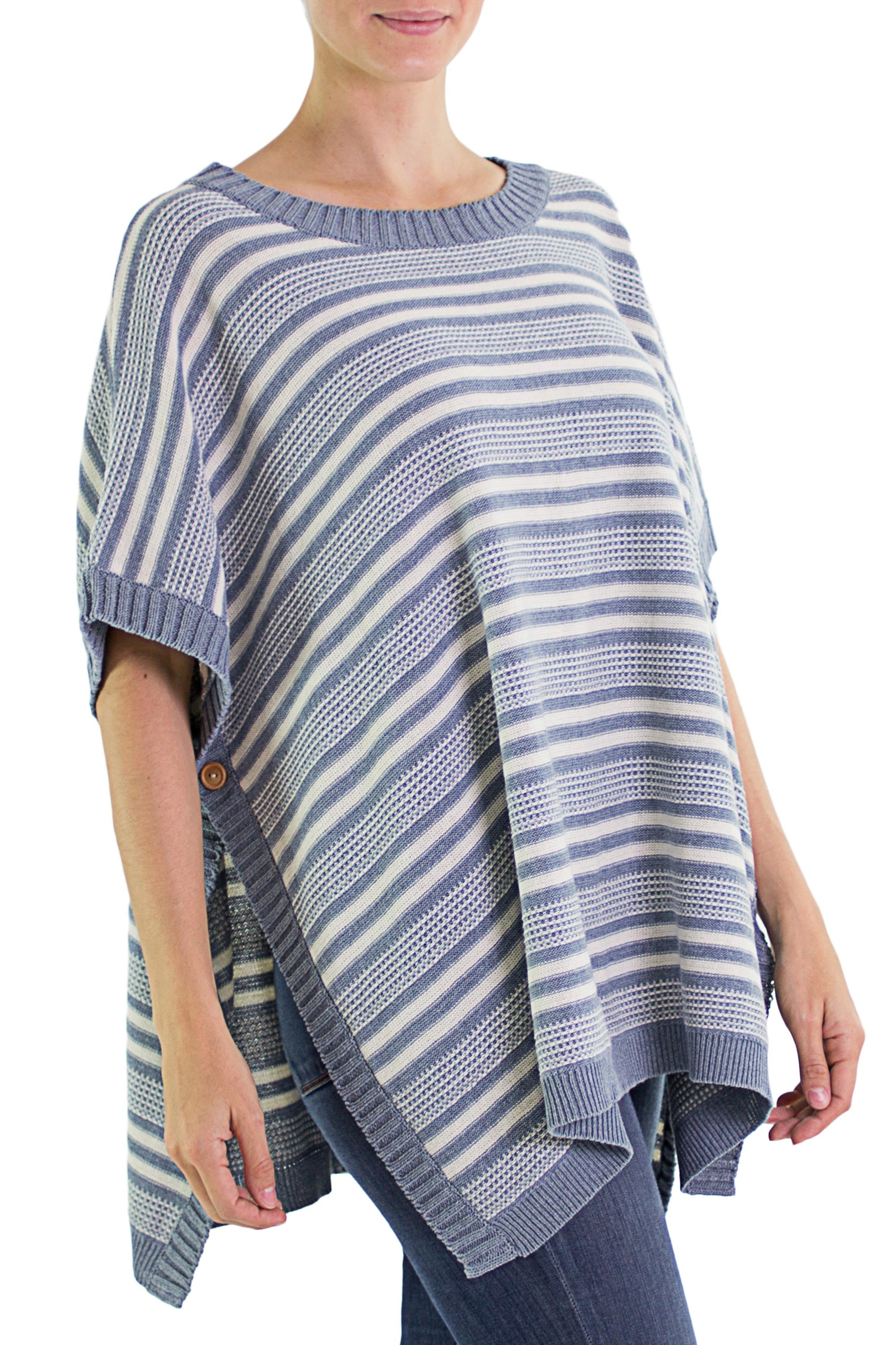 Elegant Stripes Cotton Poncho Blue Stripes Wood Buttons from Guatemala