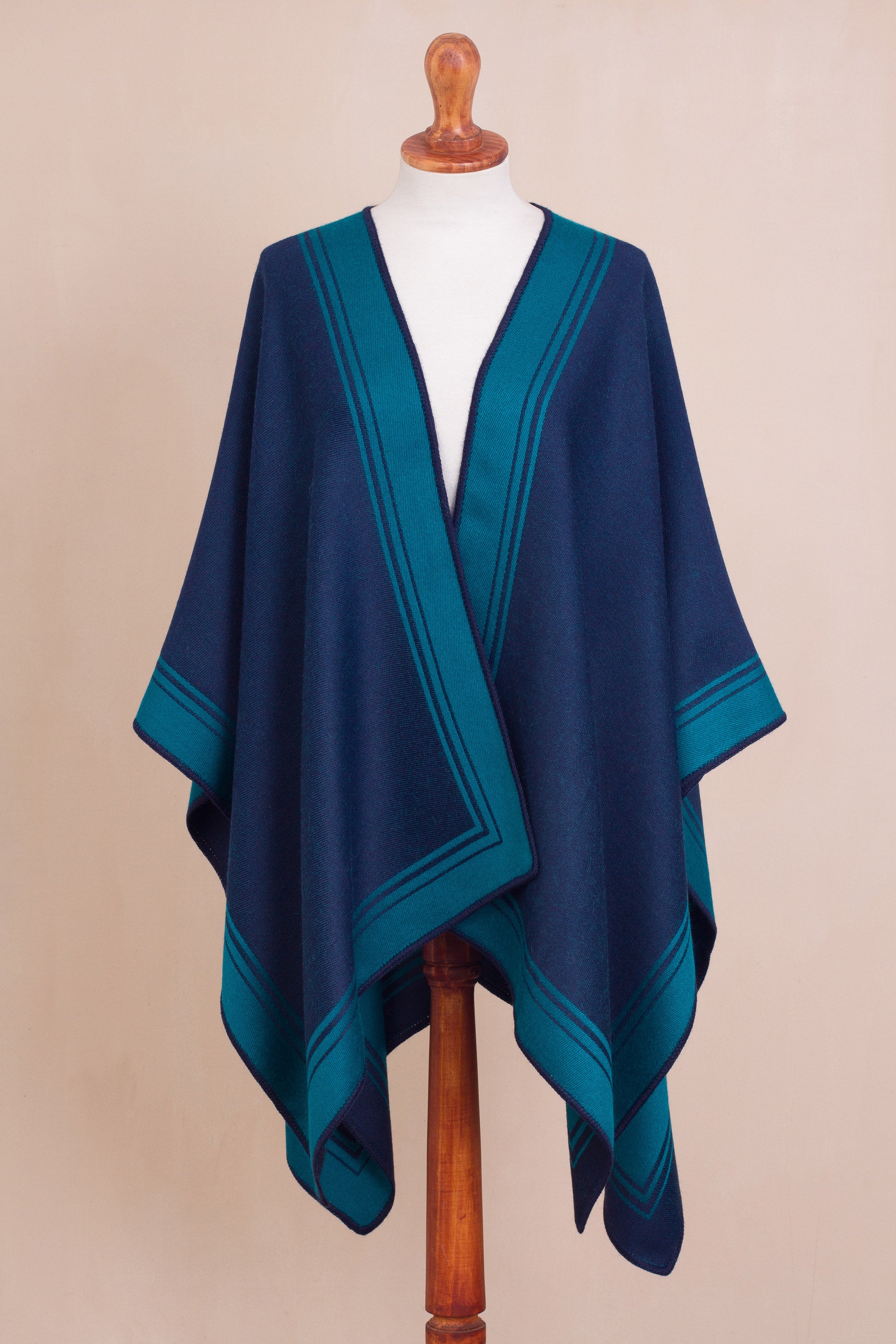 Delightful Fantasy in Teal Reversible Alpaca Blend Ruana in Navy and Teal