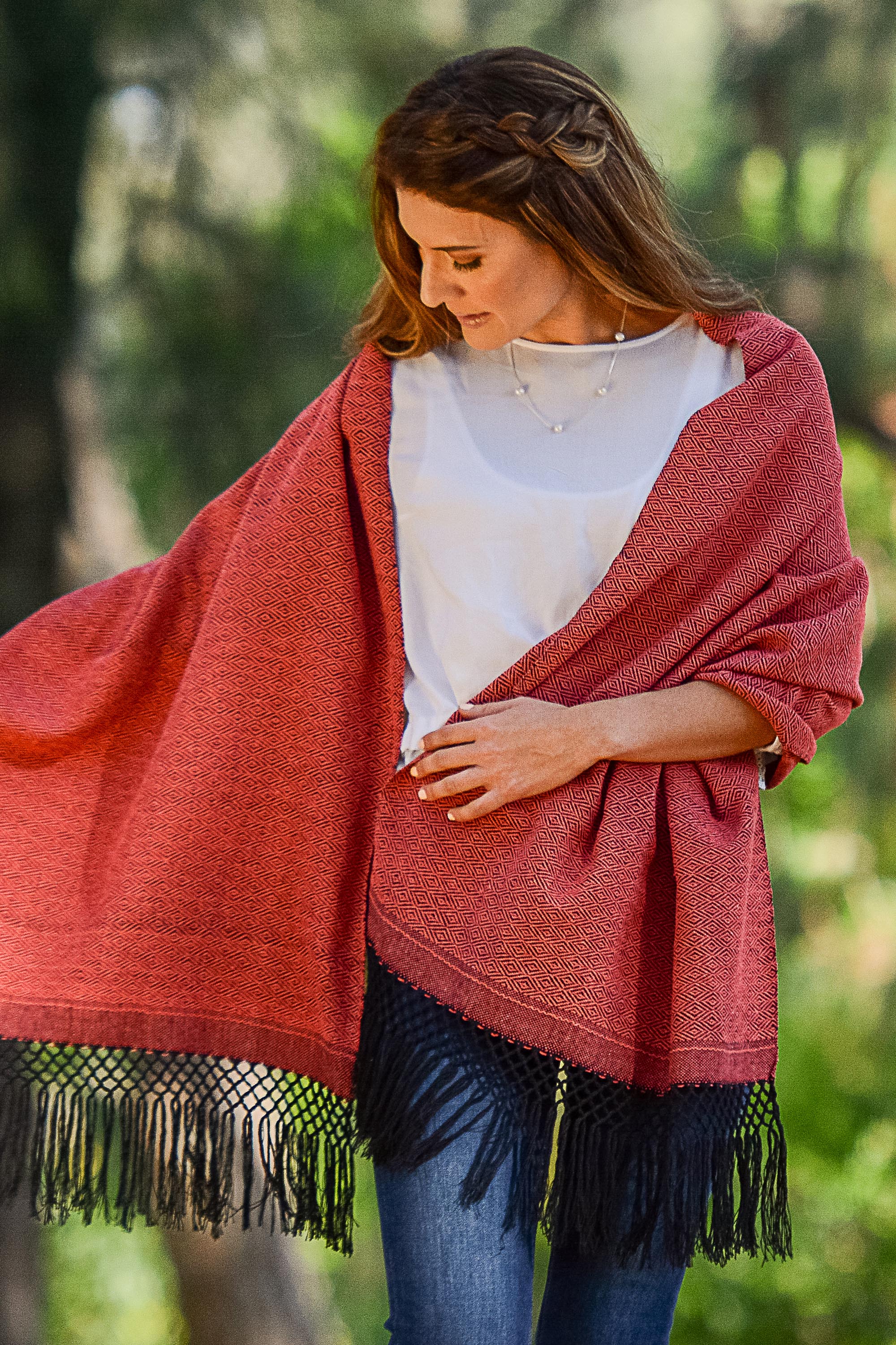 Striped Diamonds in Red Handwoven Red and Black Diamond Striped Cotton Rebozo