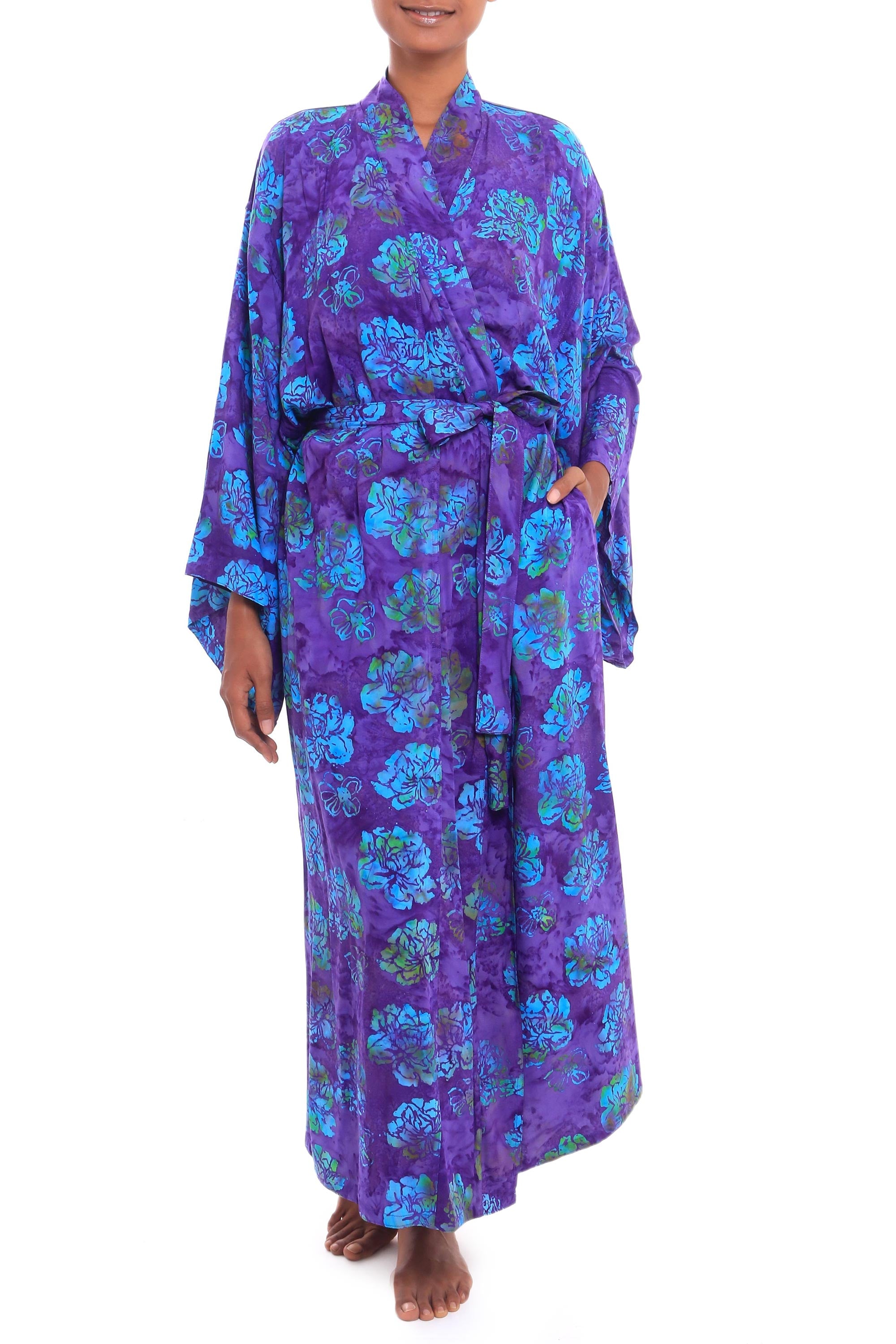 Daydream in Violet Purple Blue Batik Print Long Sleeved Rayon Robe with Belt