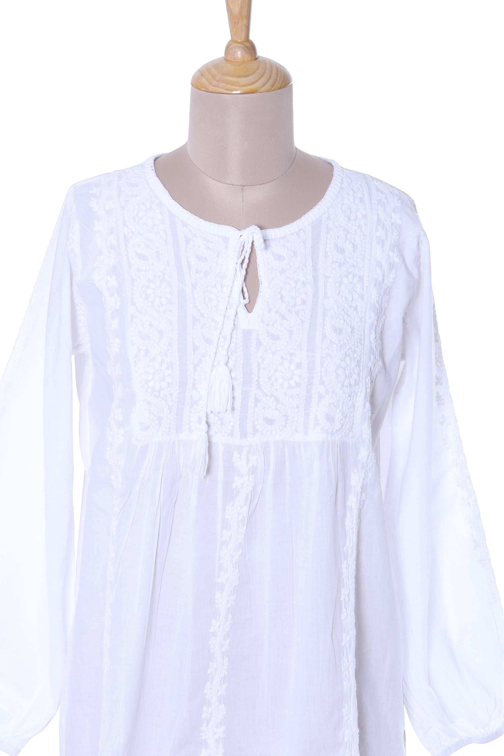 Gorgeous Chikankari Hand-Embroidered Cotton Tunic in White from India