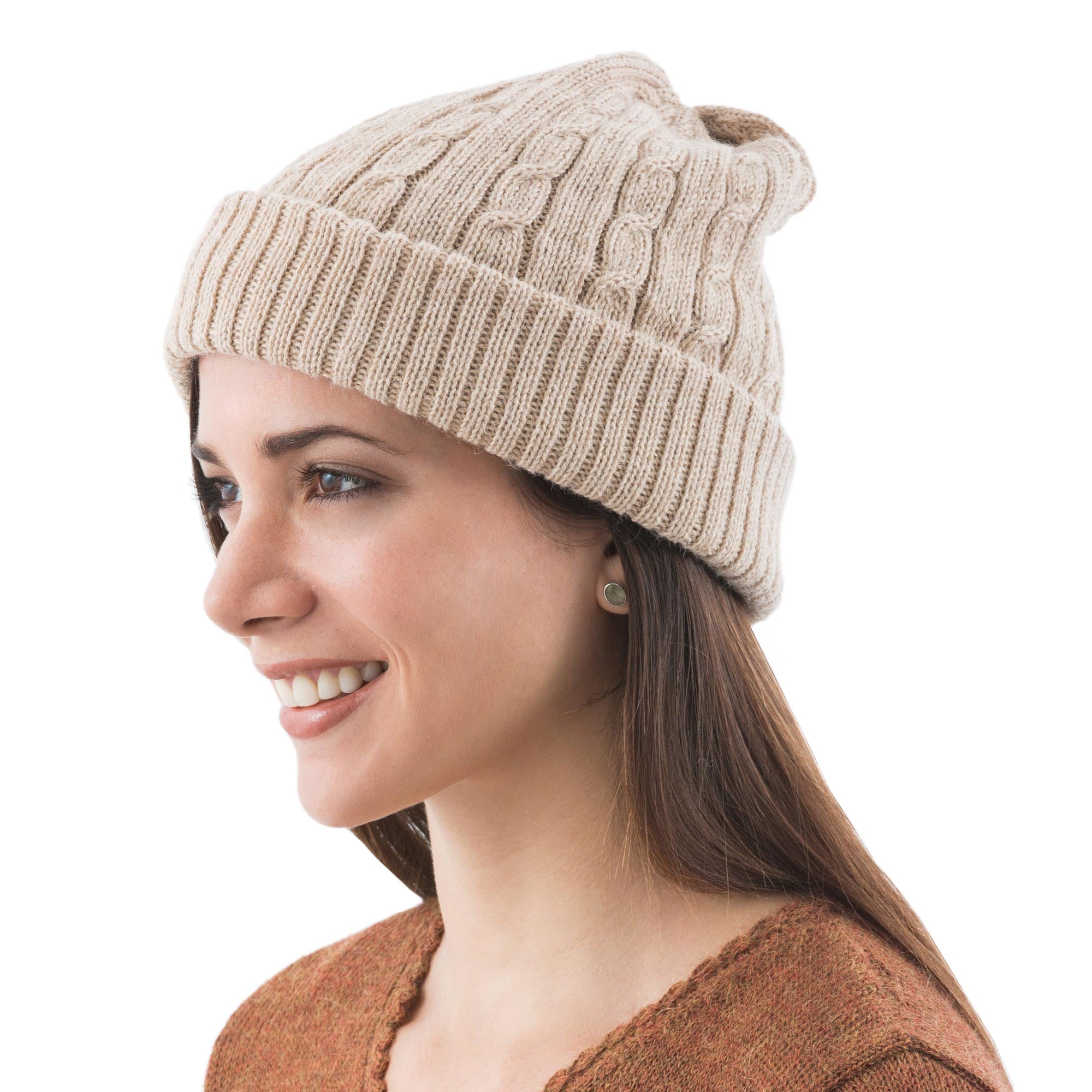 Tan Mountain Roads Unique Womens Alpaca Wool Solid Knit Hat