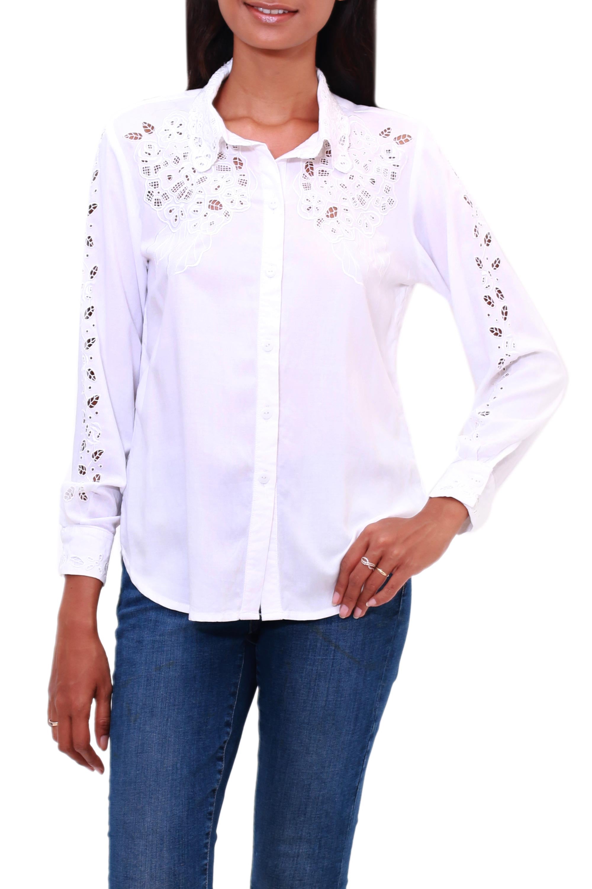 Floral Cloud in White Floral Rayon Button-Front Blouse in White from Bali