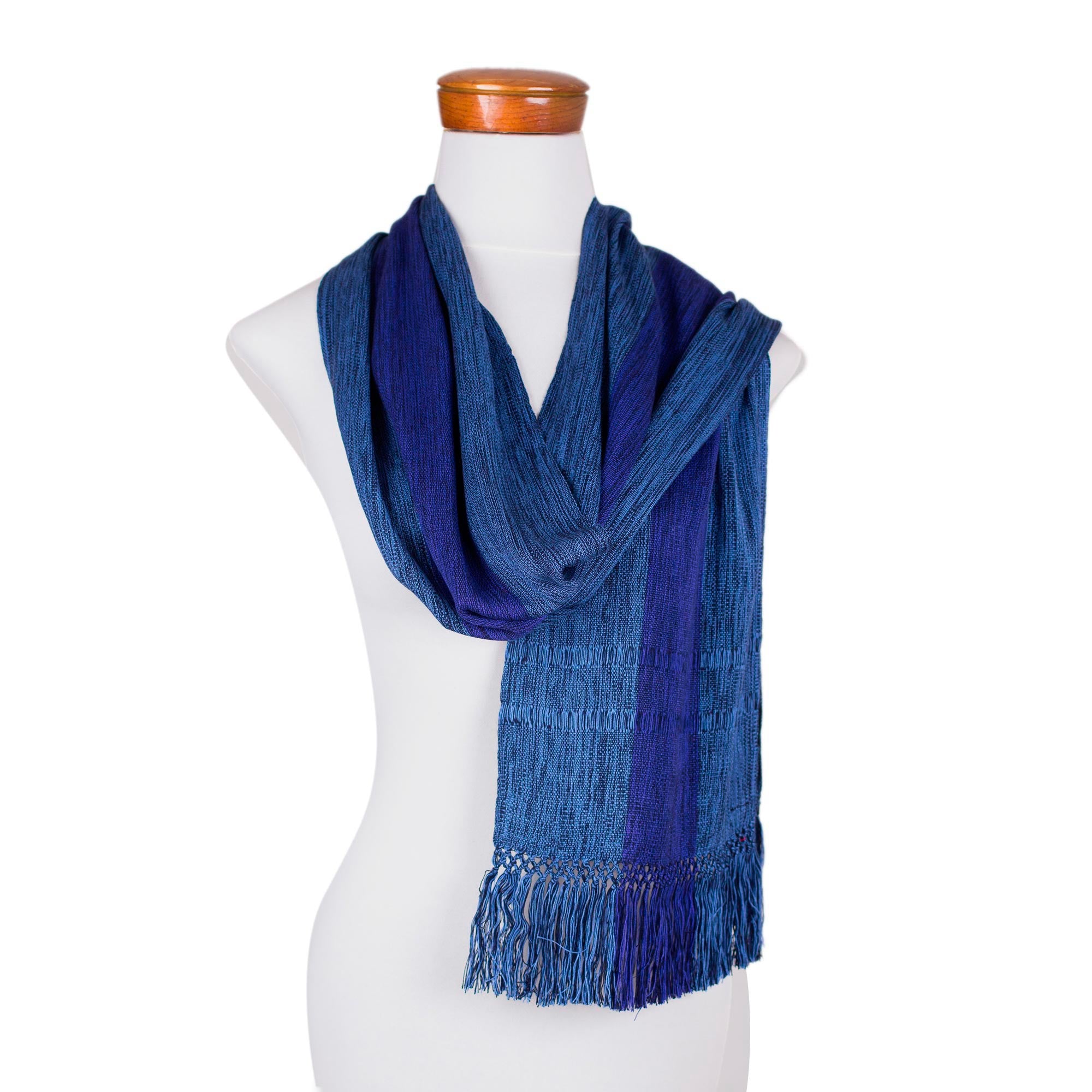 November Skies Loom Woven Blue Striped Rayon Scarf from Guatemala