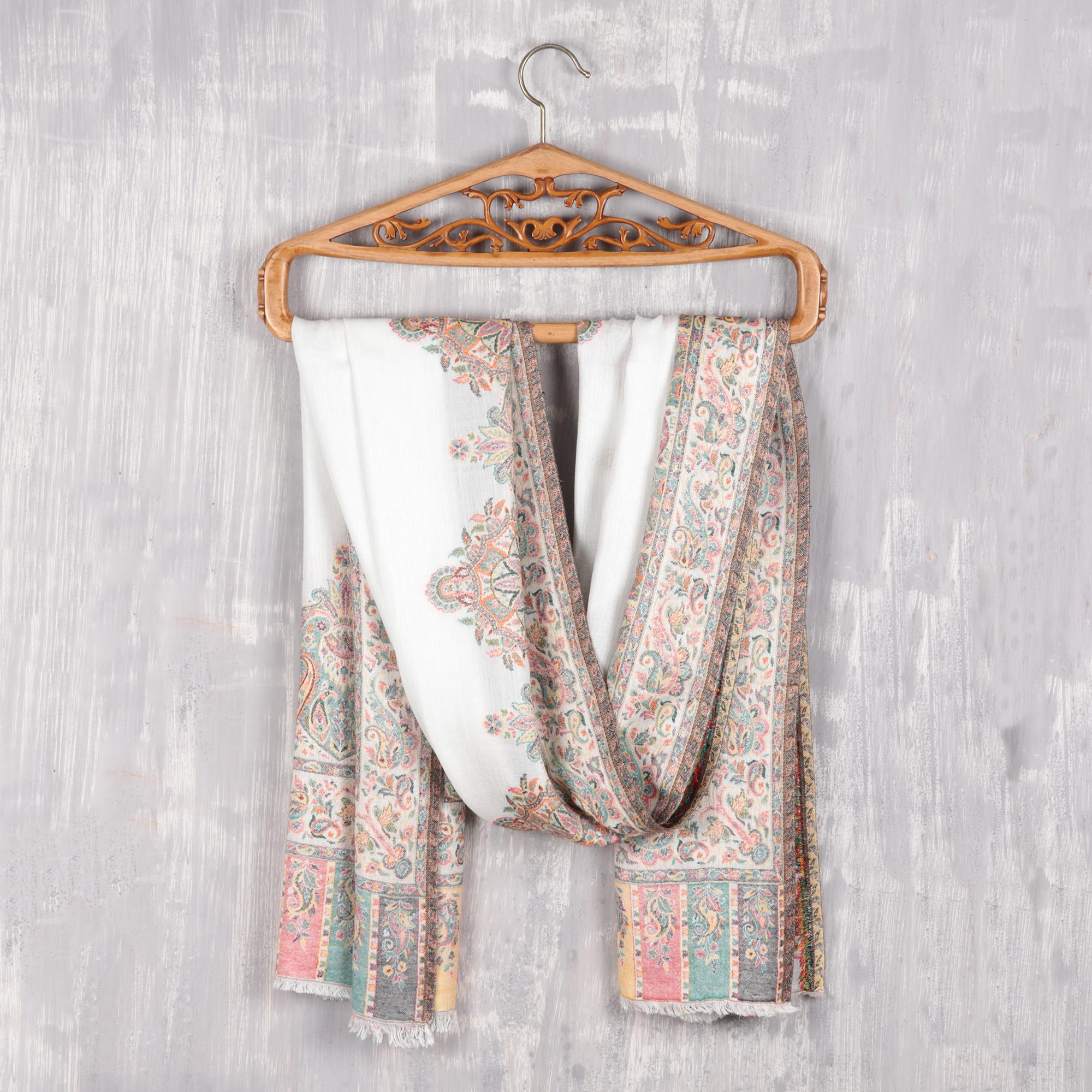 Mughal Fresco Modal Woven Shawl White with Multicolored Motifs