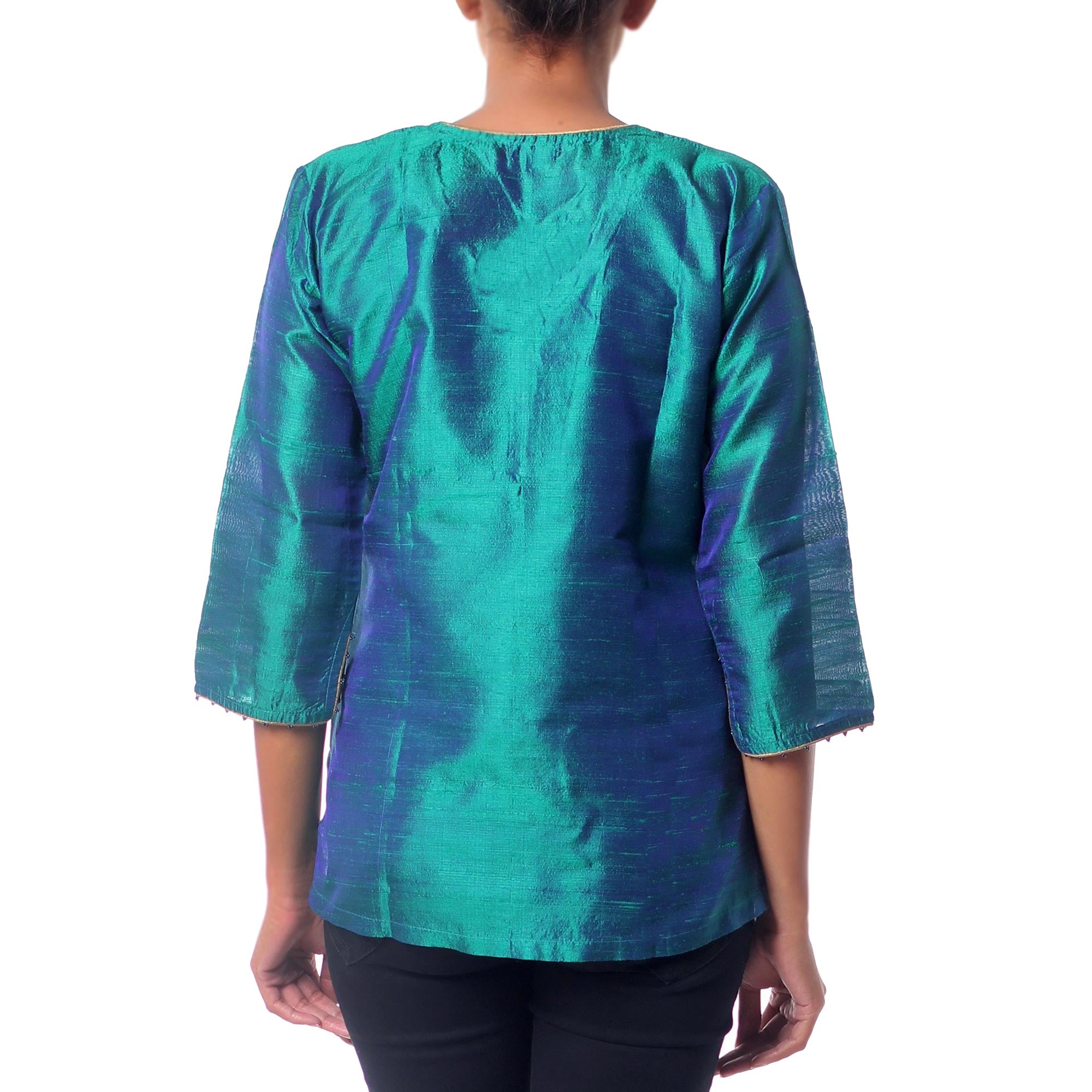 Emerald Empress Blue & Green Beaded Silk Tunic