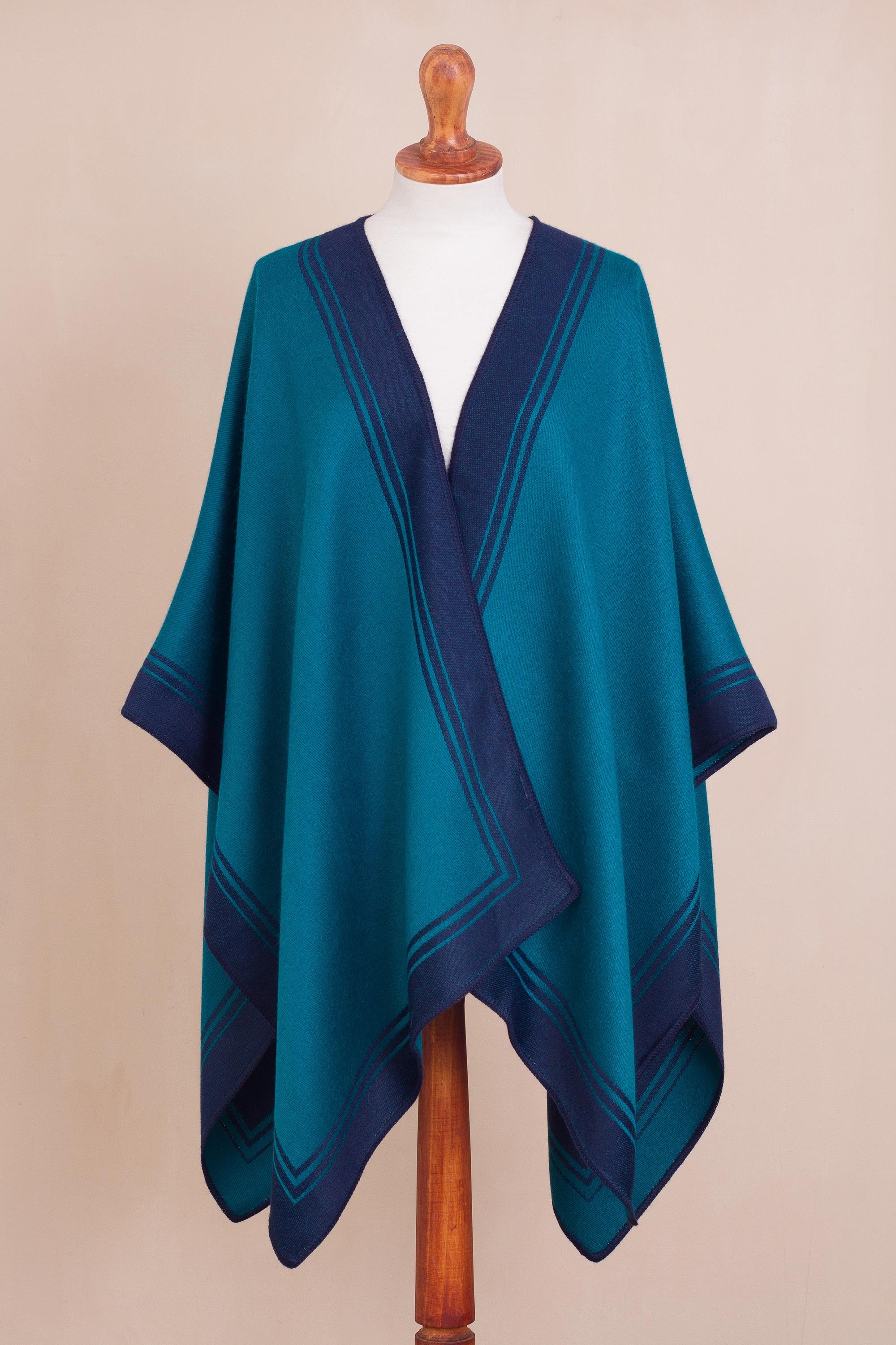 Delightful Fantasy in Teal Reversible Alpaca Blend Ruana in Navy and Teal