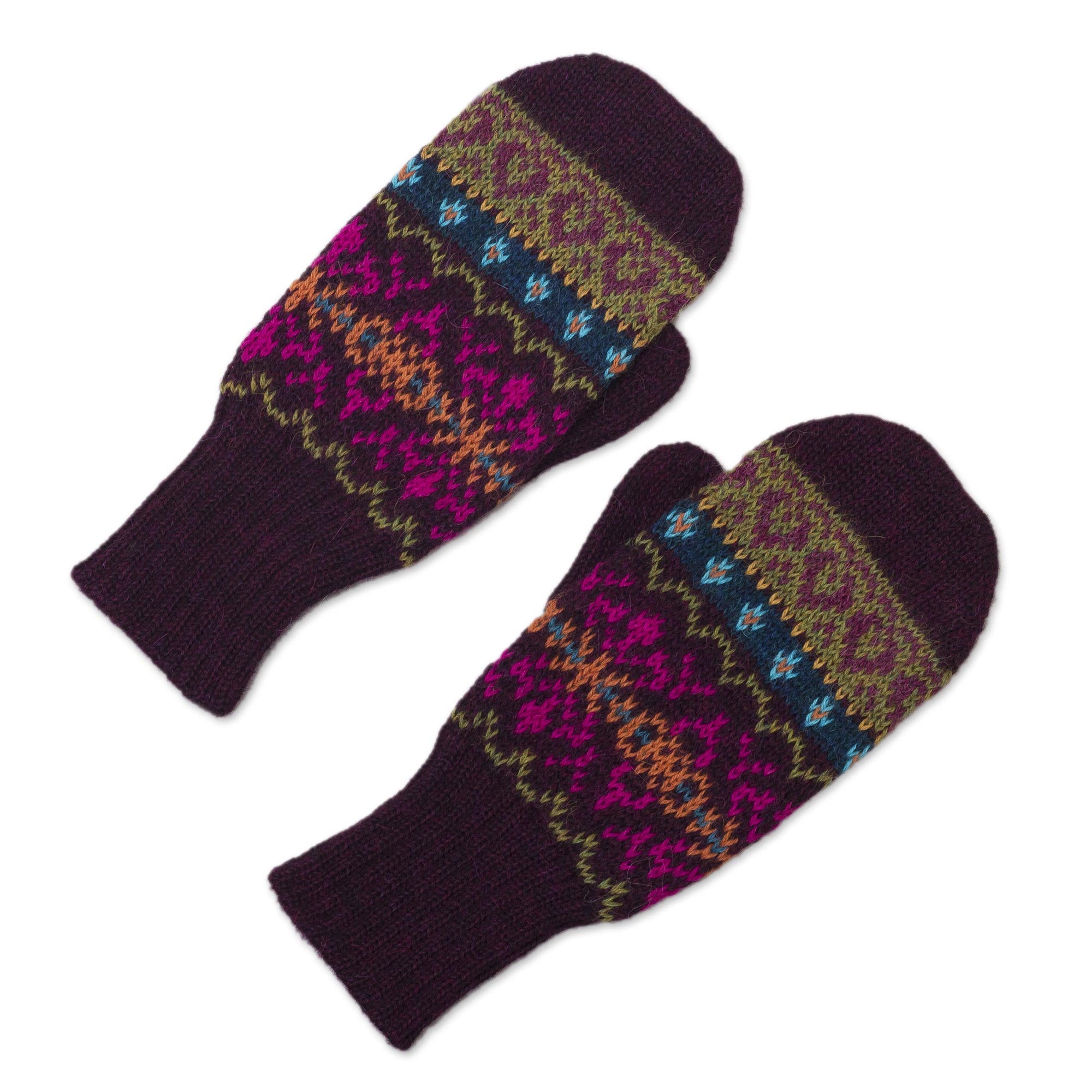 Inca Aubergine Dark Purple and Multicolored 100% Alpaca Mittens