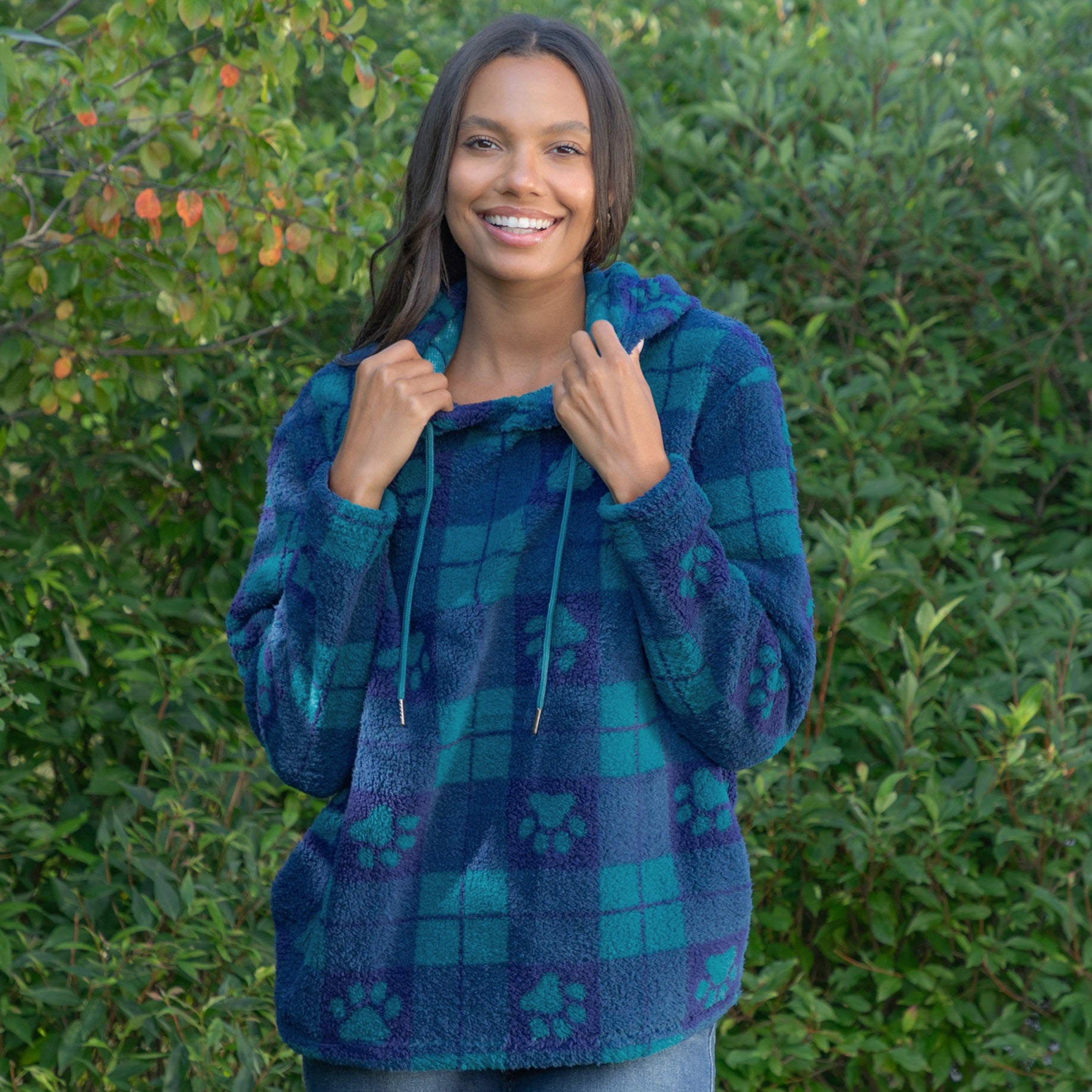 Large Check Plaid Paws Plush Sherpa Fleece Hoodie