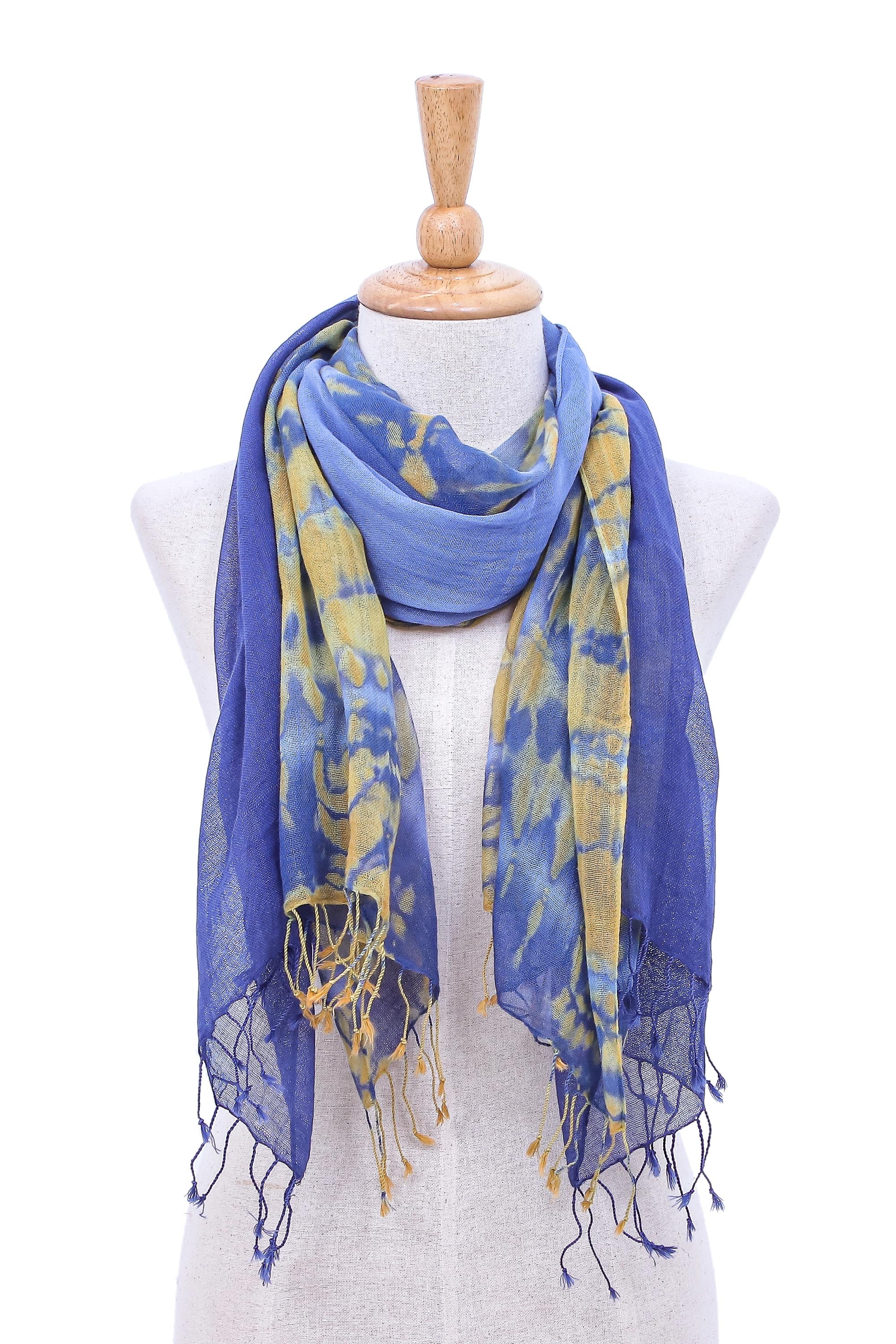 Wave of Love Pair of Cotton Tie-Dye Scarves in Blue and Yellow