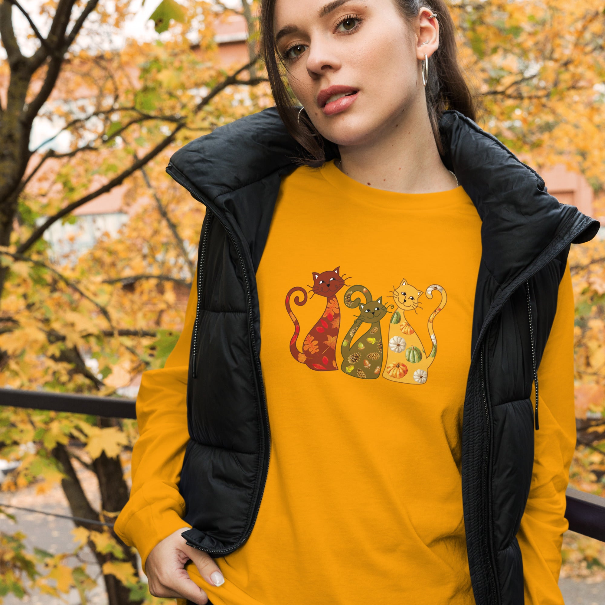 Festive Fall Cats Long Sleeve Tee