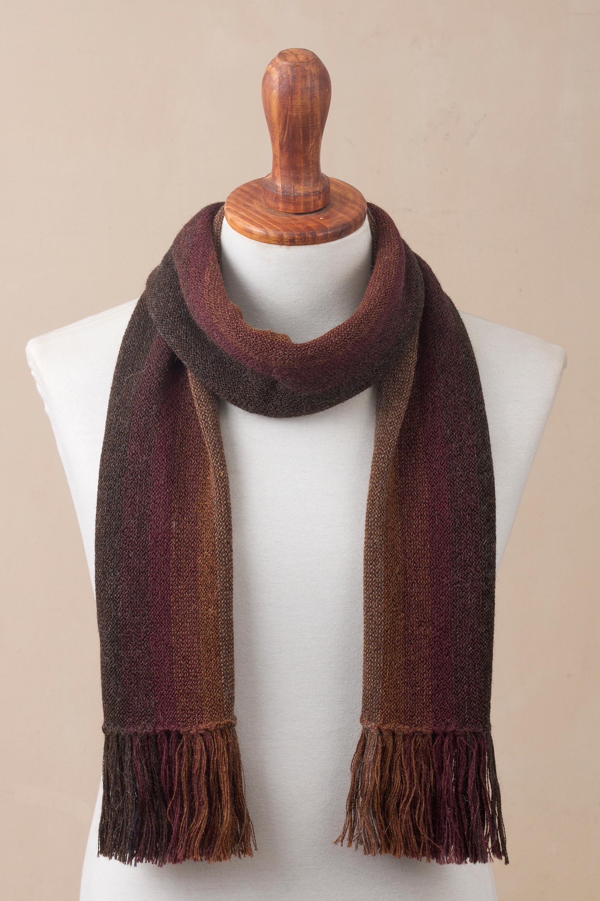 Outcropping Stripes Shades of Brown Burgundy and Blue 100% Alpaca Knit Scarf