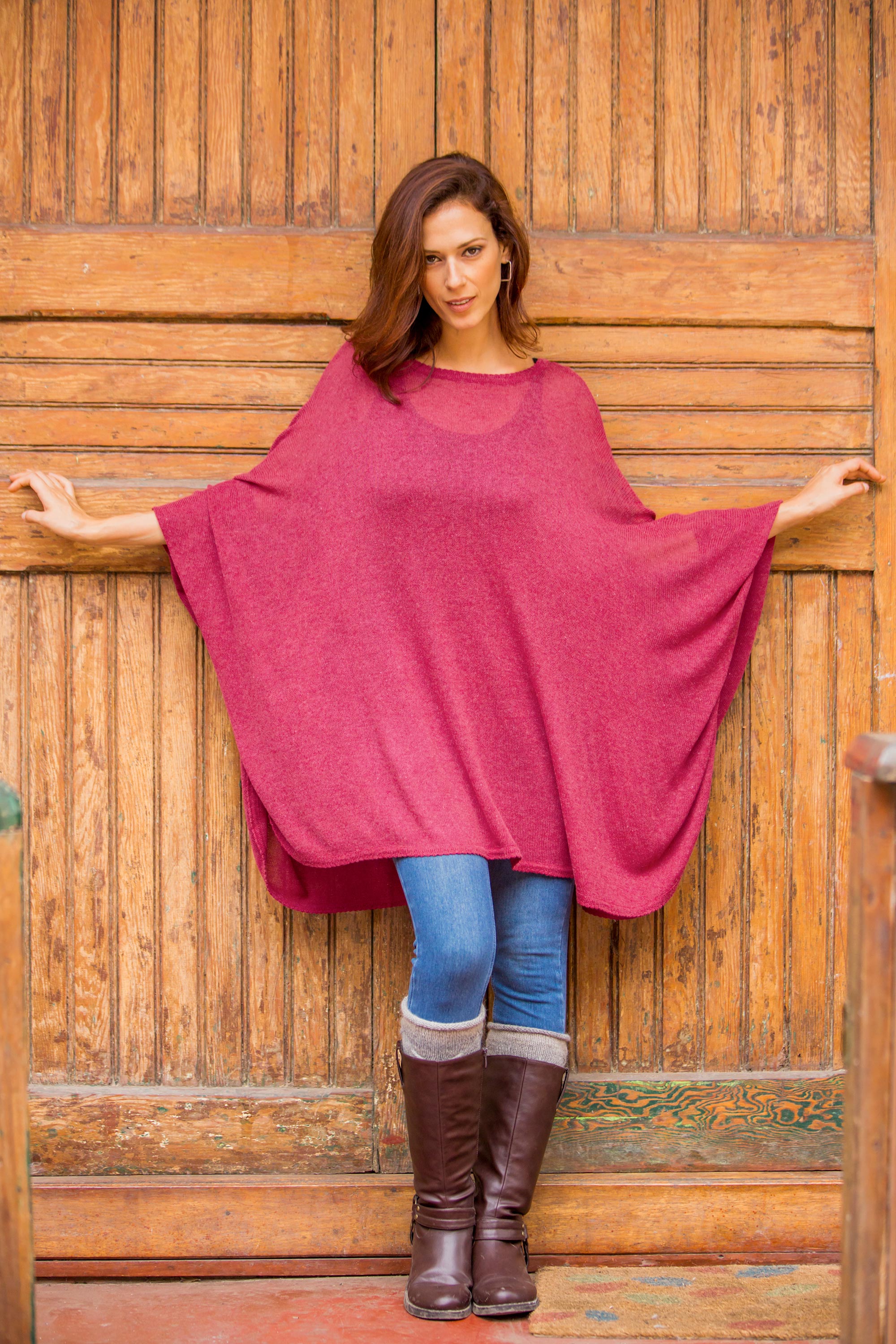 Bright Wind Soft Knit Bohemian Style Wine Drape Sweater from Peru