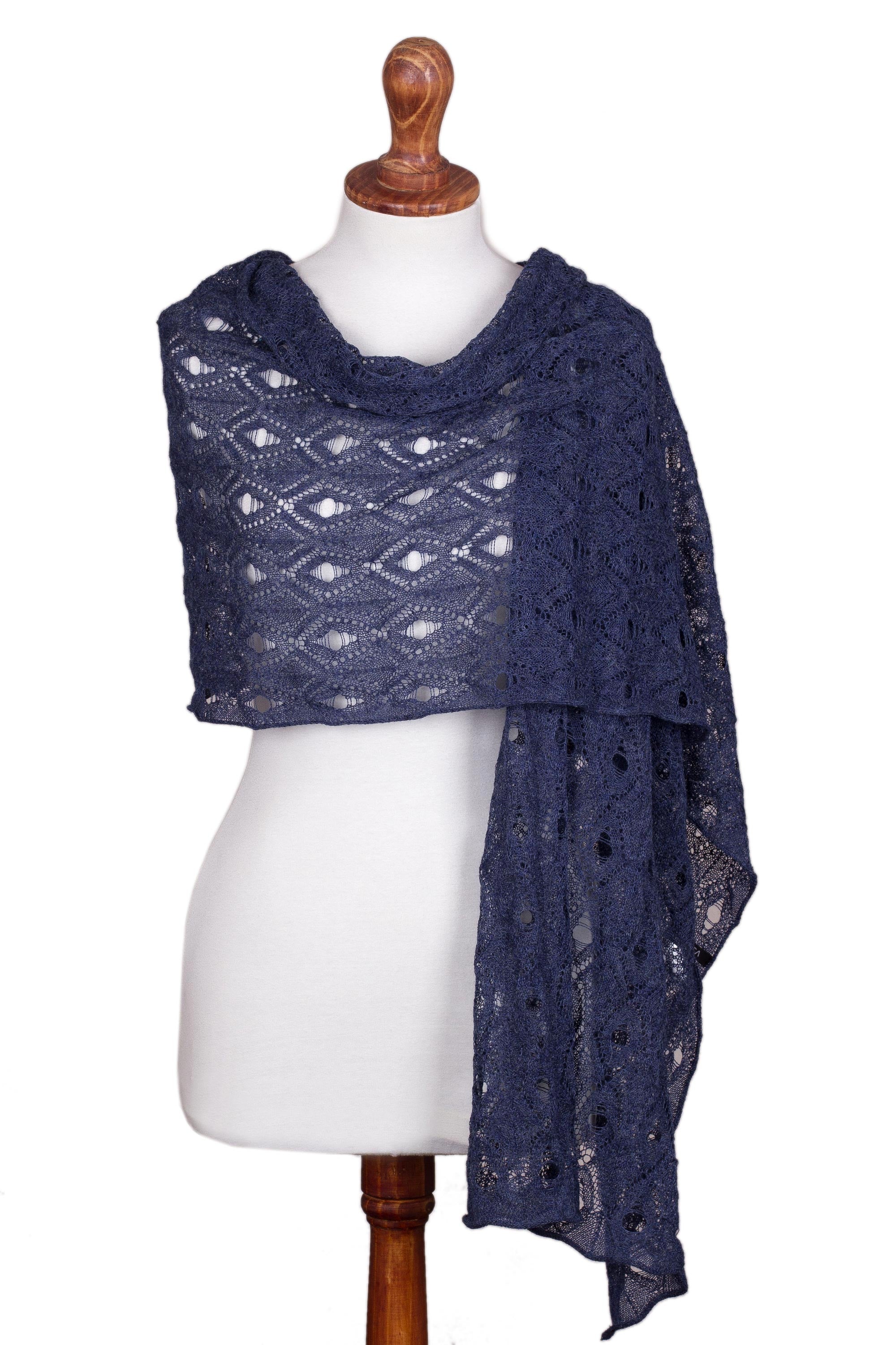 Breezy Skies in Blue 100% Alpaca Crocheted Shawl in Blue from Peru