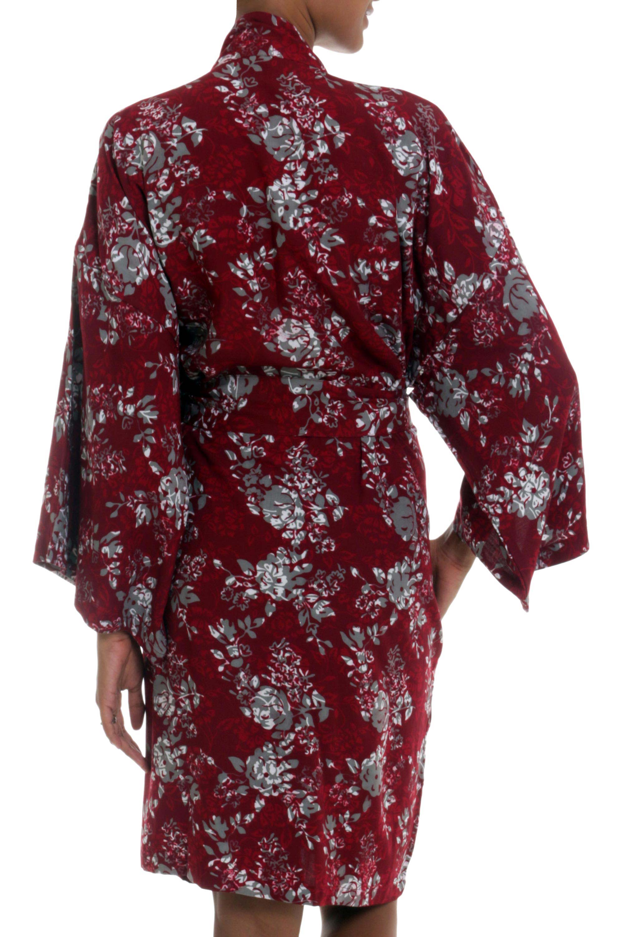 Gorgeous in Claret Grey Batik Bali Flowers on Claret Color Rayon Short Robe