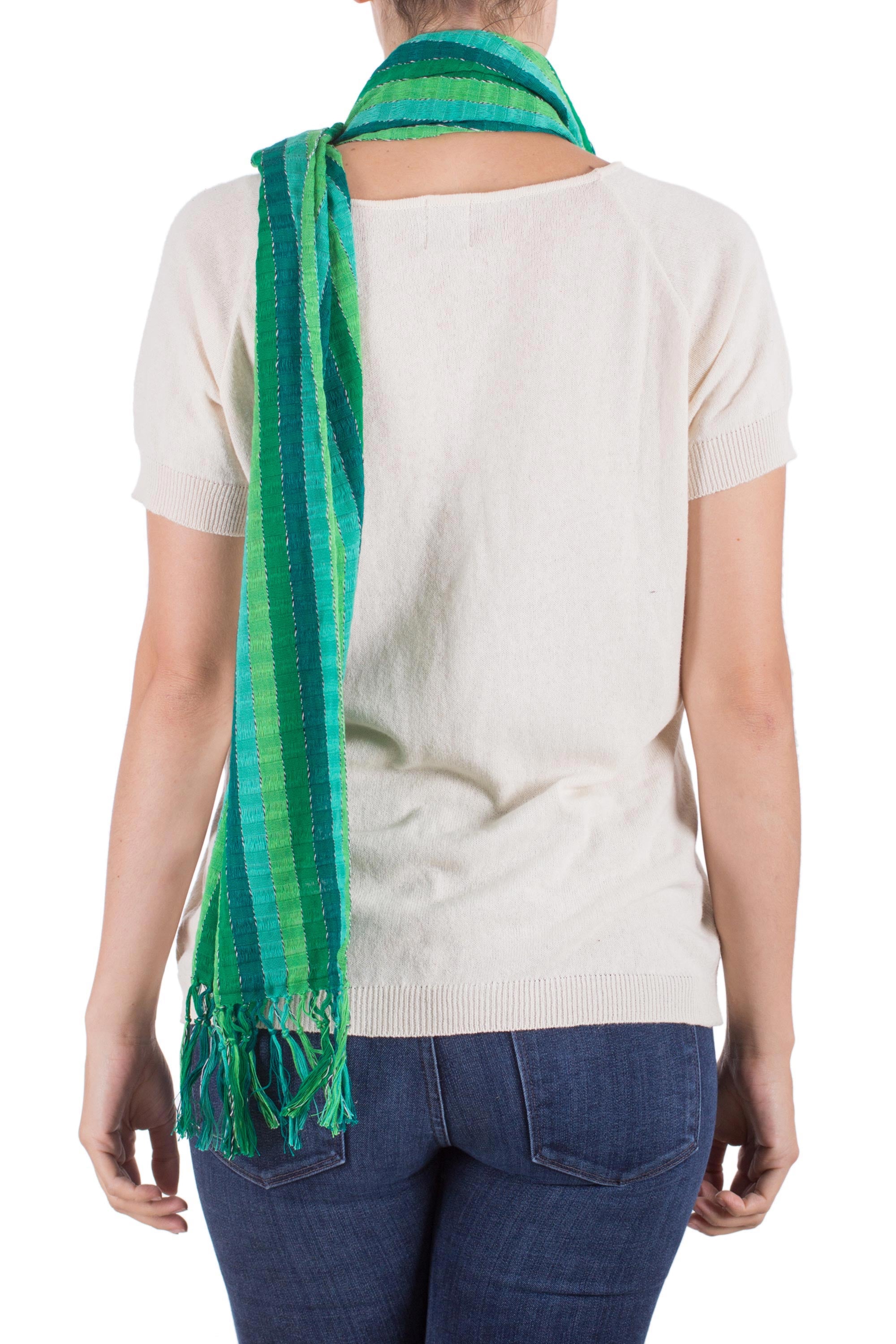 Jade Fields Green Cotton Scarf Woven By Hand