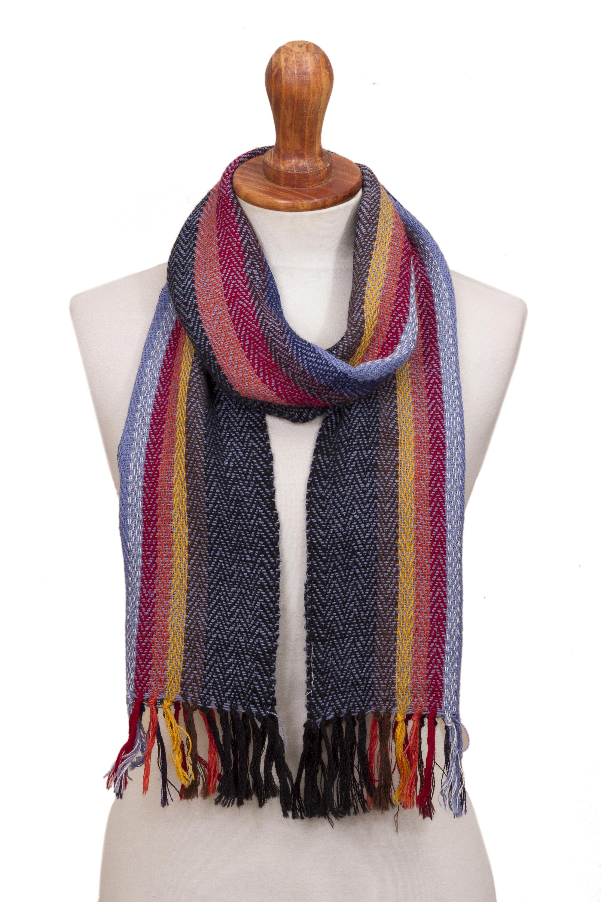 Rugged Rainbow Soft Black with Colorful Stripes Handwoven 100% Alpaca Scarf