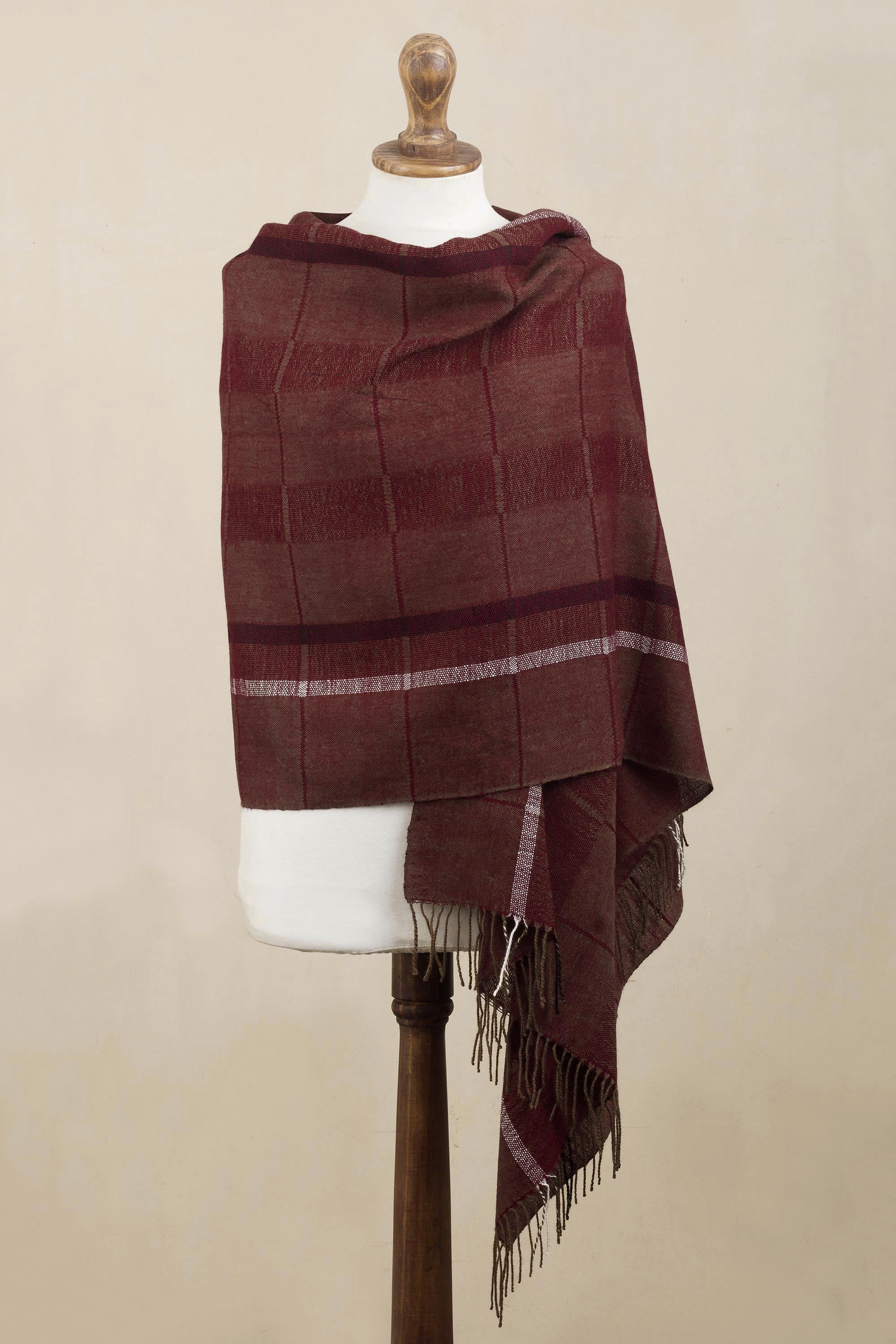 Burgundy Windowpanes Handwoven Patterned Burgundy and Brown Baby Alpaca Shawl