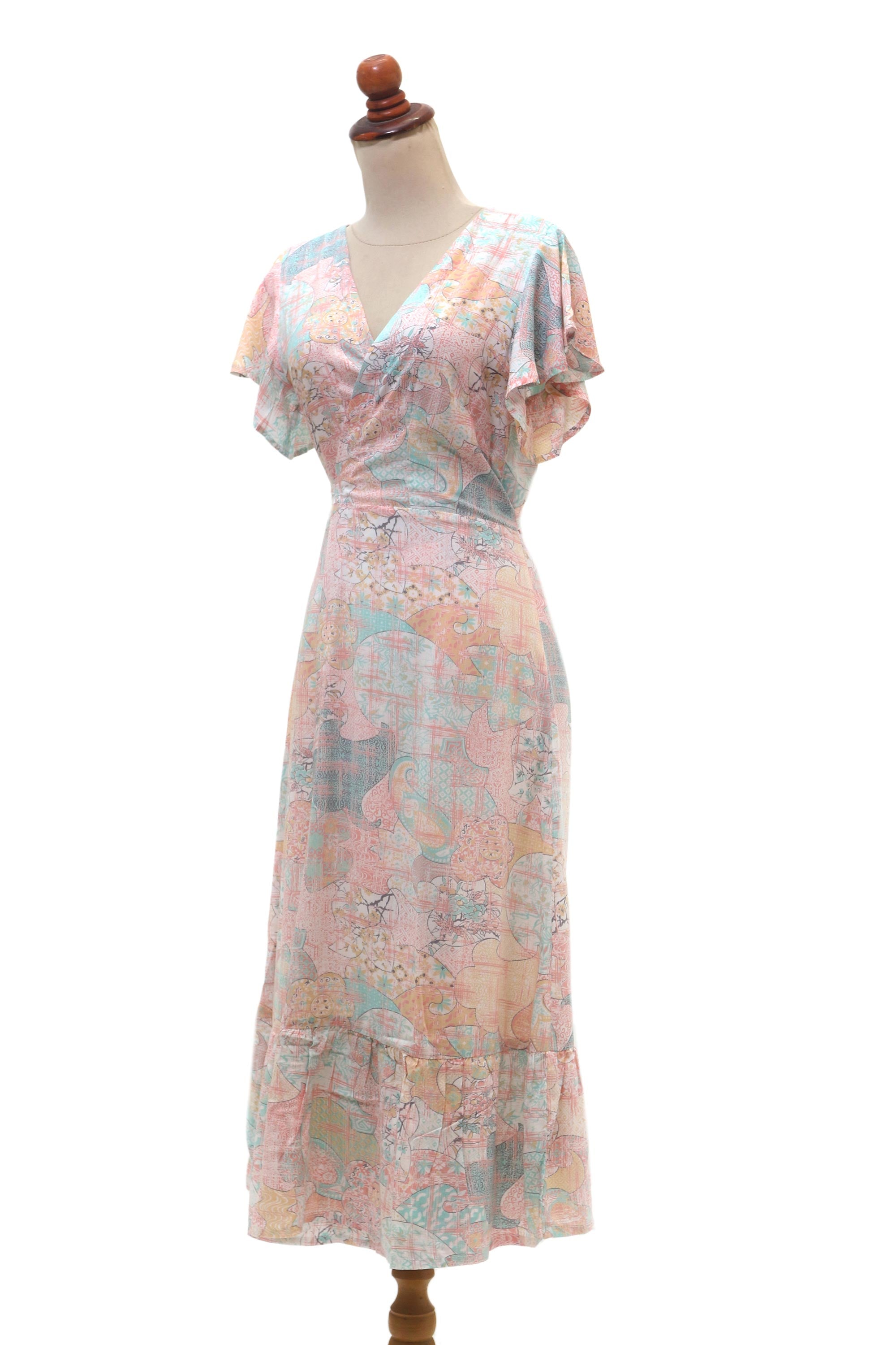 Sekar Jagad Butterfly Sleeve Rayon Wrap Dress in Pink and Aqua