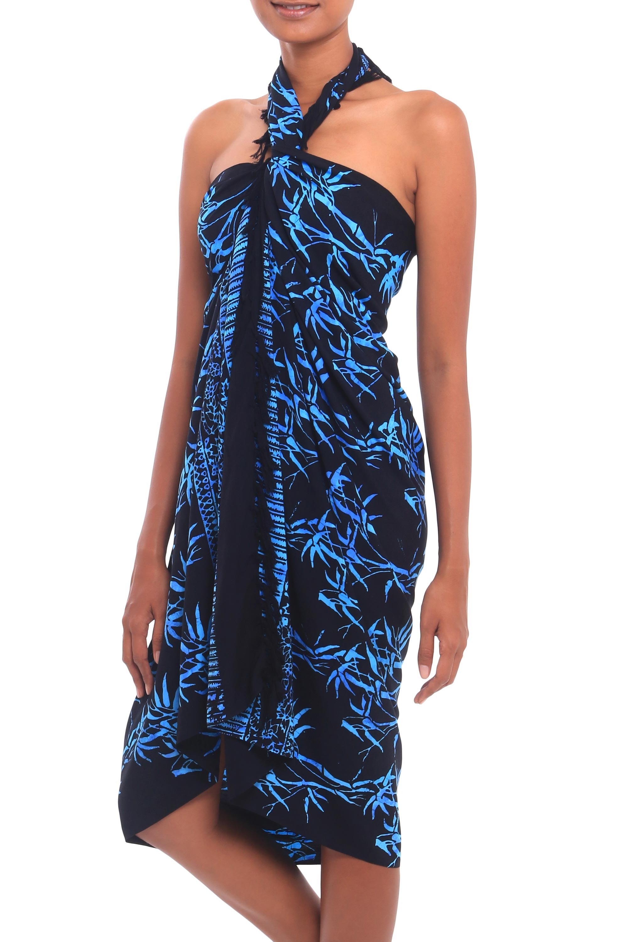 Leafy Memories Batik Rayon Sarong in Black and Blue from Bali