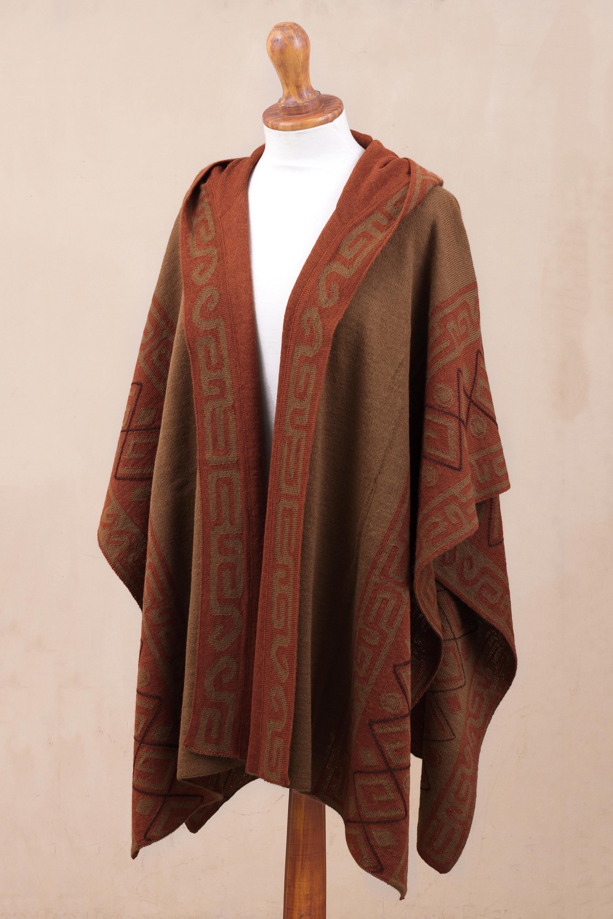 Inca Adventure Reversible Sepia and Pumpkin Alpaca Blend Hooded Ruana