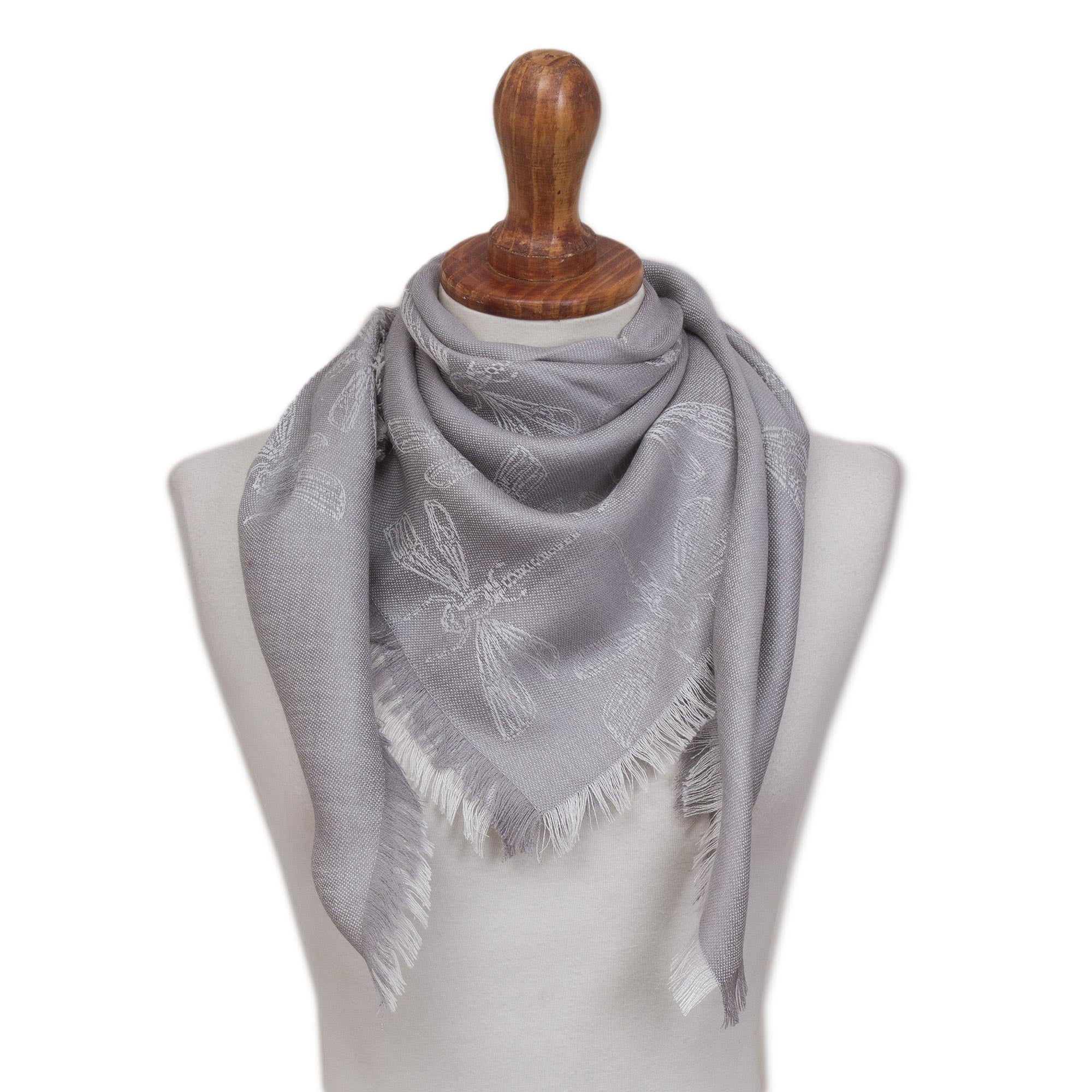 Dragonfly in Pearl Grey Baby Alpaca and Silk Blend Grey Dragonfly Reversible Scarf