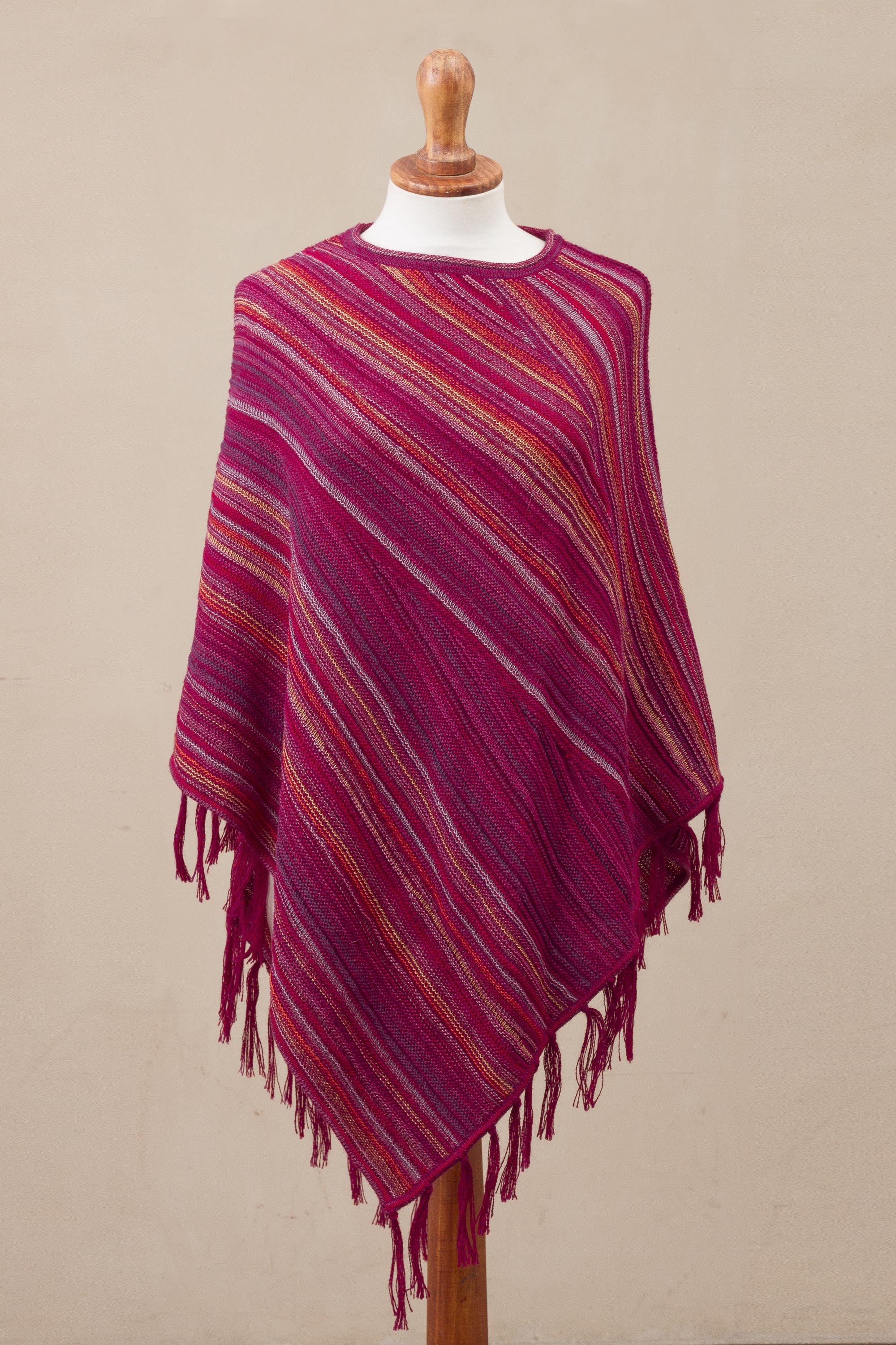 Festive Flair 100% Alpaca Knit Poncho Fuchsia with Stripes and Tassels