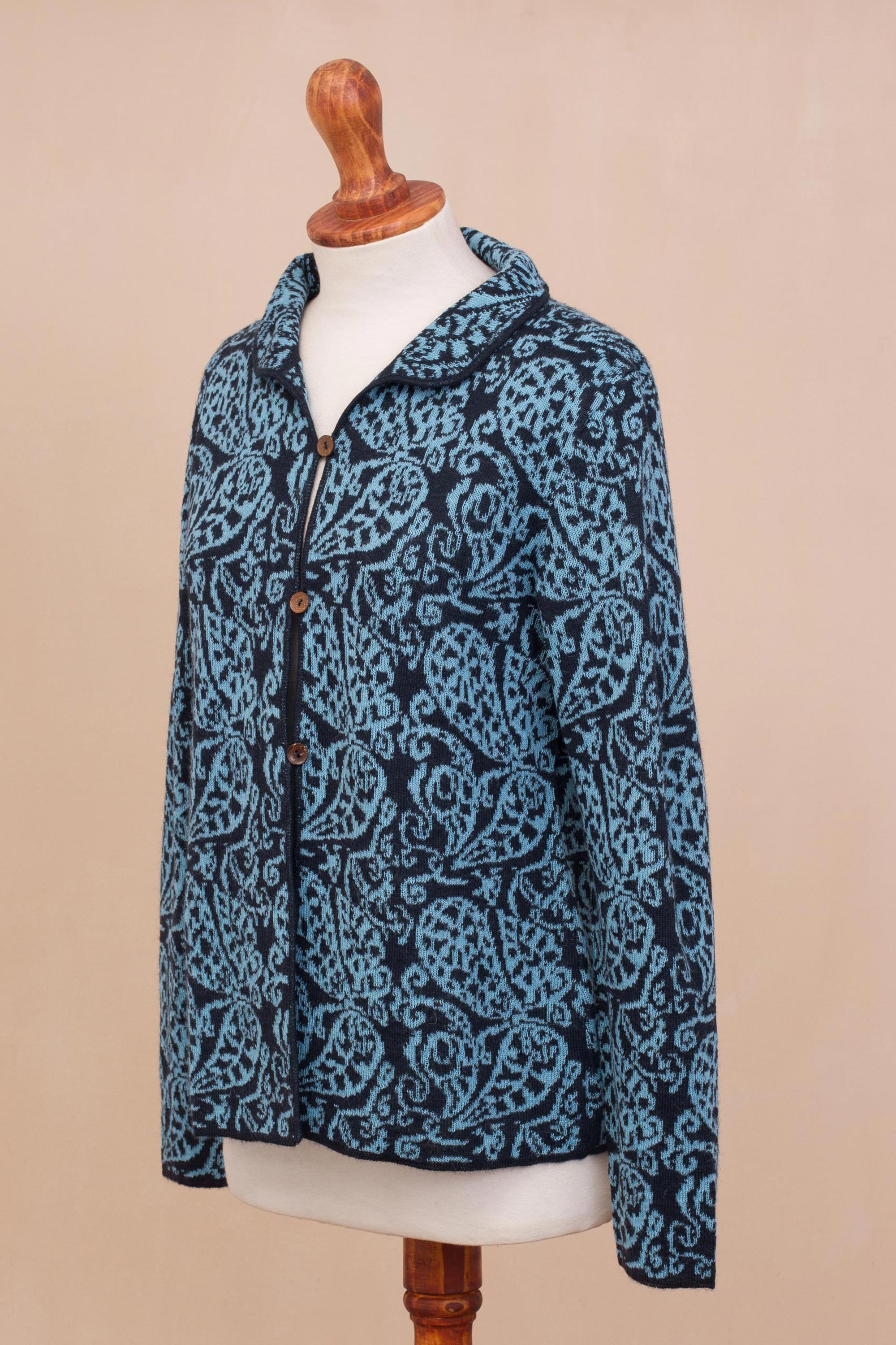 Paisley Elegance in Cerulean Alpaca Blend Cardigan with Cerulean Paisley Motifs from Peru