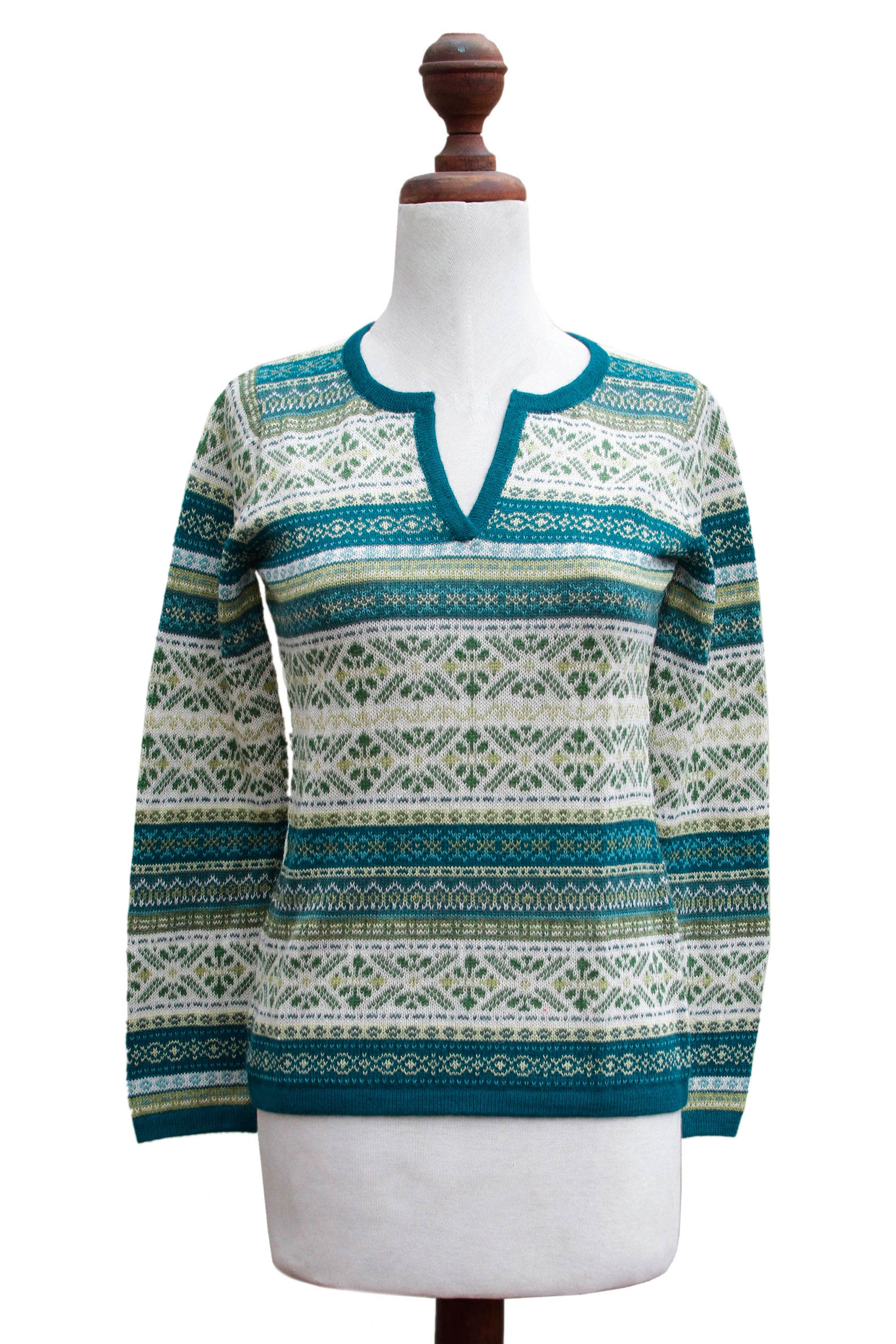 Snowflake Meadow Green and Blue on White 100% Alpaca V-Neck Sweater