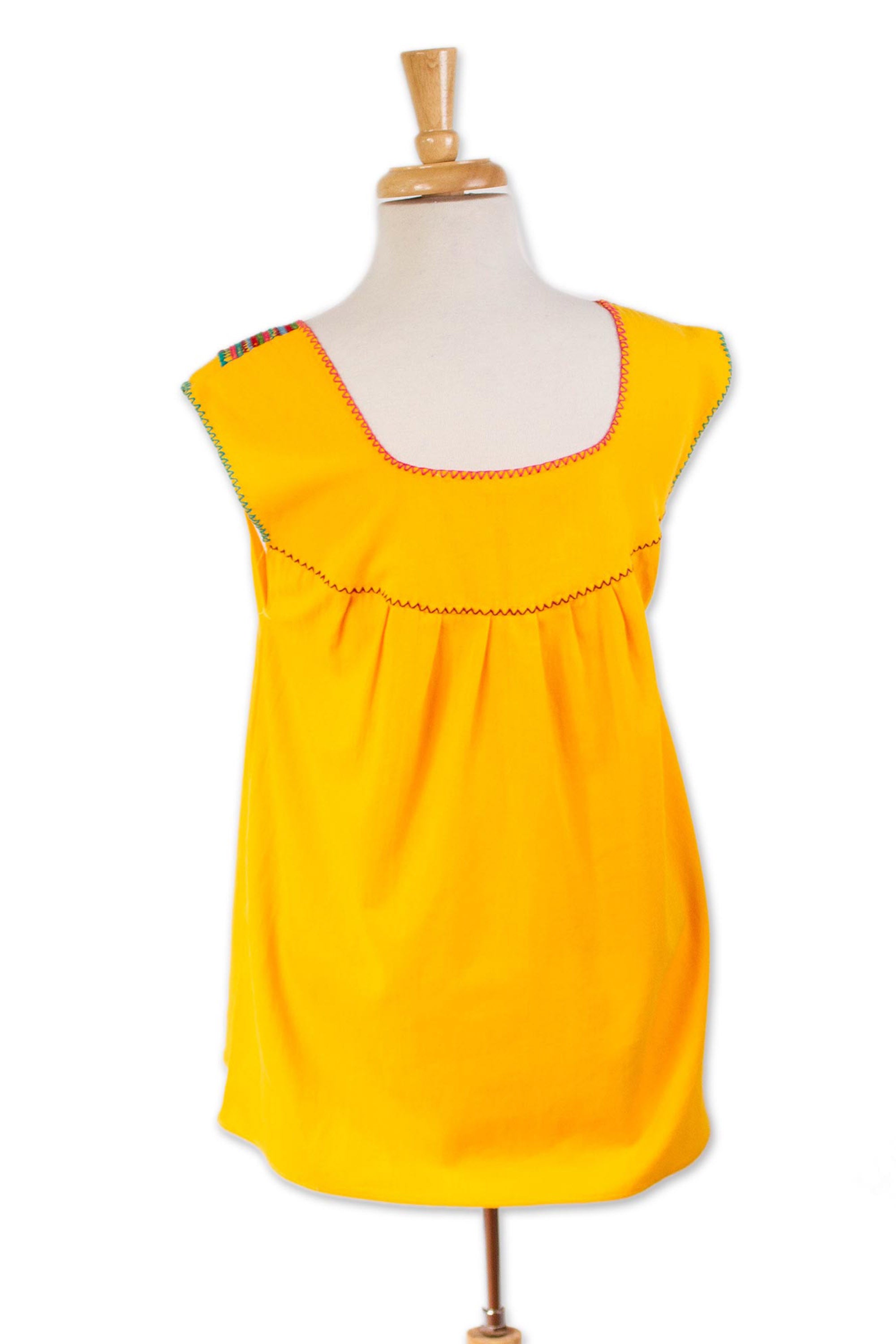 Marigold Summer Handwoven Saffron Cotton Sleeveless Blouse from Mexico