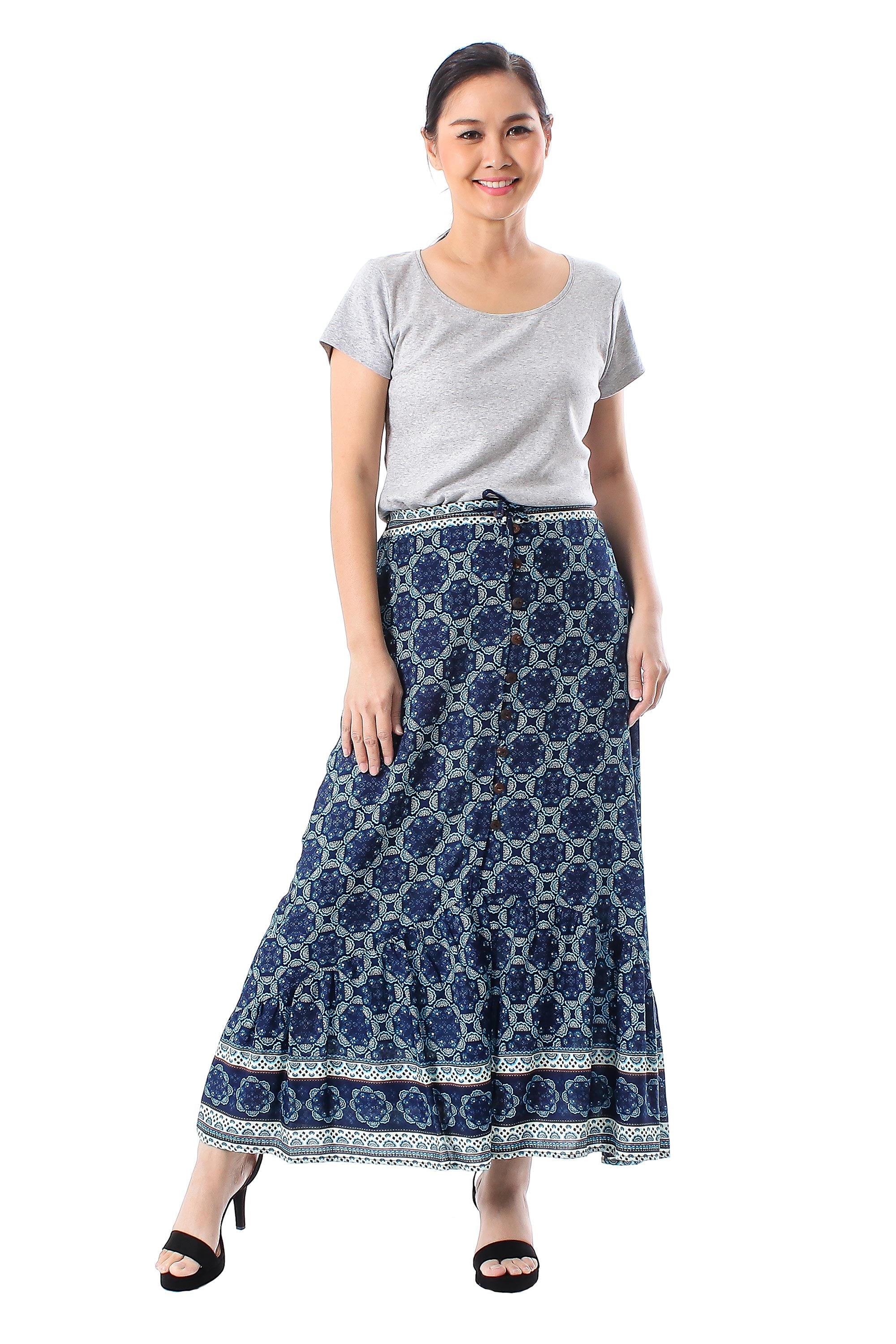 Fascinating Evening Floral Motif Rayon Skirt in Blue from Thailand