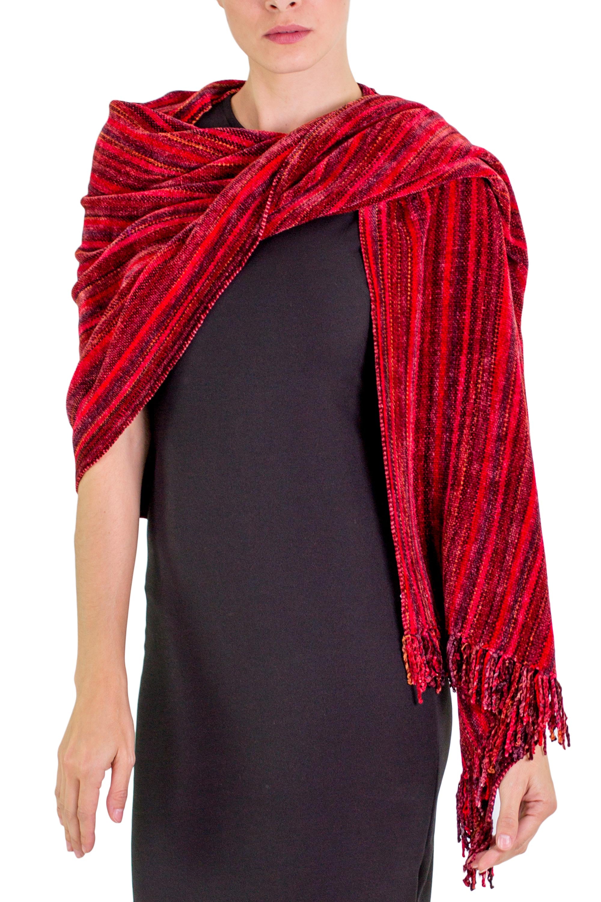 Crimson Fantasy Guatemalan Handcrafted Rayon Chenille Shawl