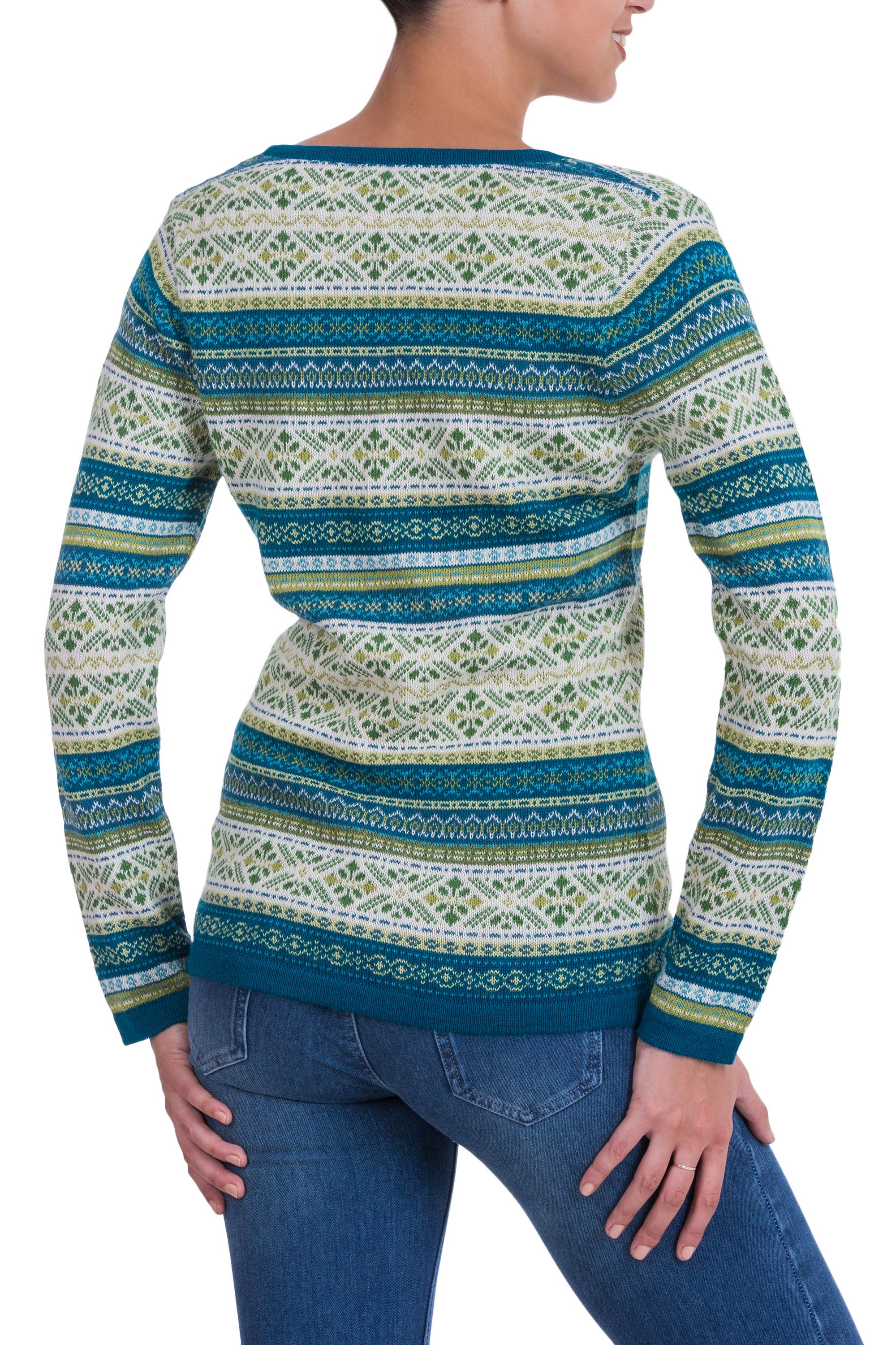 Snowflake Meadow Green and Blue on White 100% Alpaca V-Neck Sweater